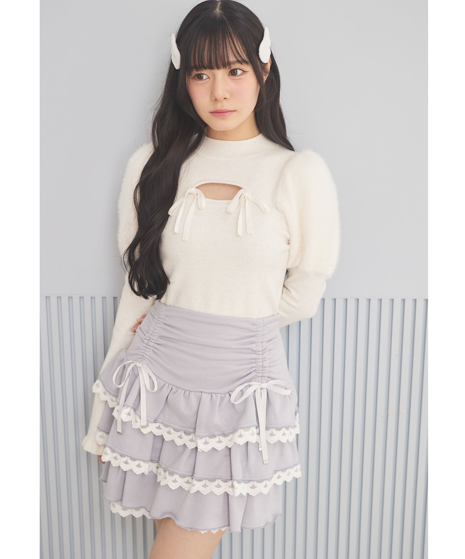 スユン Suyunn リボン付きドロストレースフリルスカート ブルー