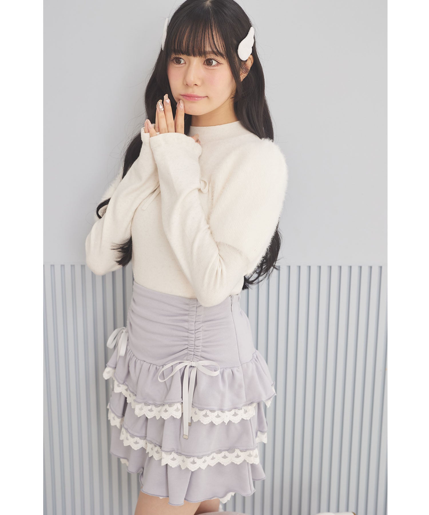 スユン Suyunn リボン付きドロストレースフリルスカート ブルー