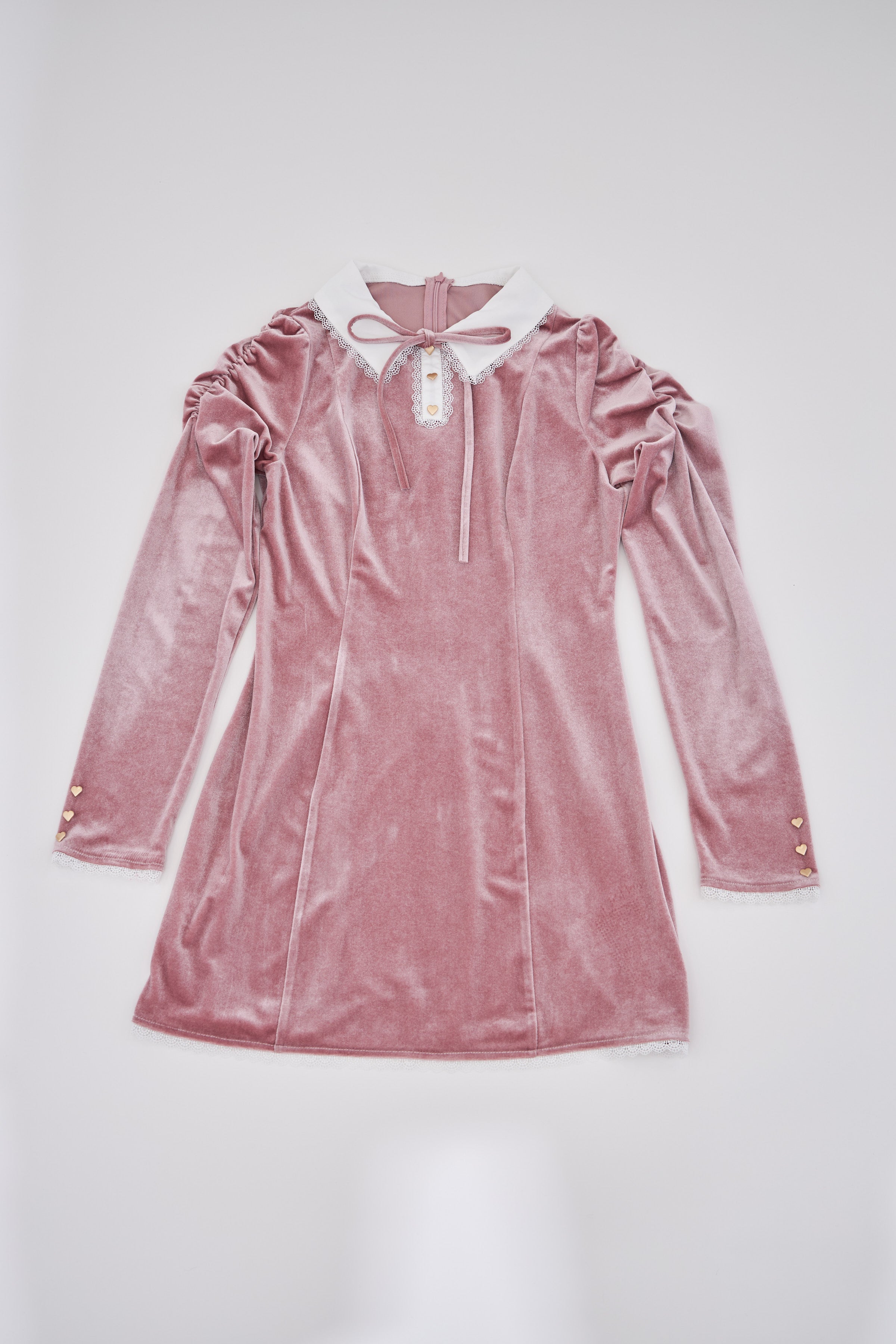 スユン Suyunn リボン付きハート飾り釦レース装飾ベロアワンピース ピンク