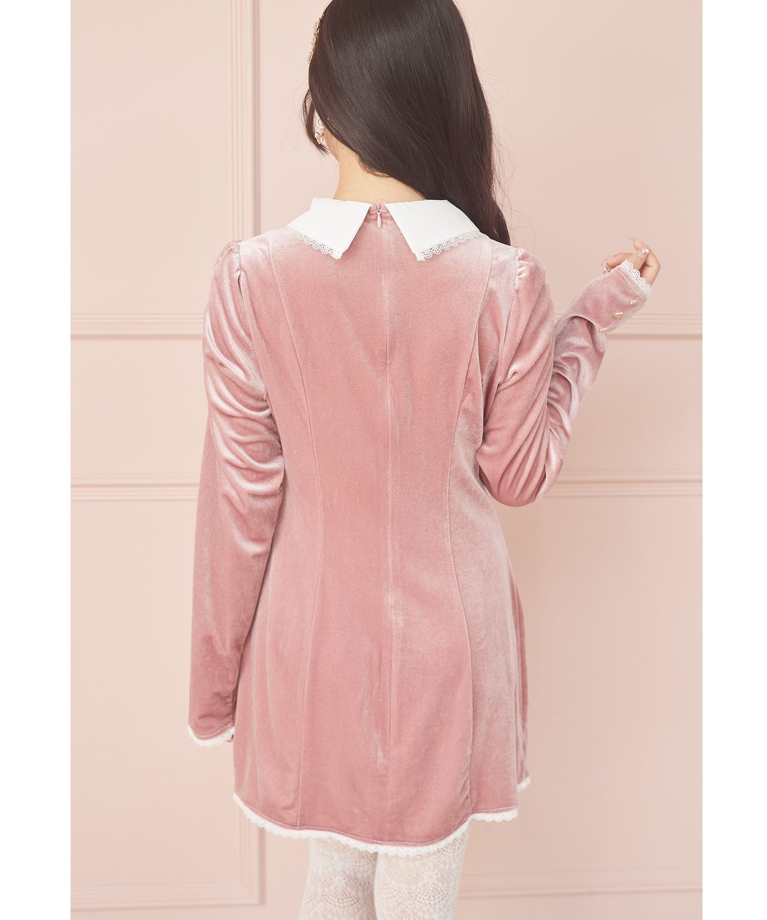 スユン Suyunn リボン付きハート飾り釦レース装飾ベロアワンピース ピンク