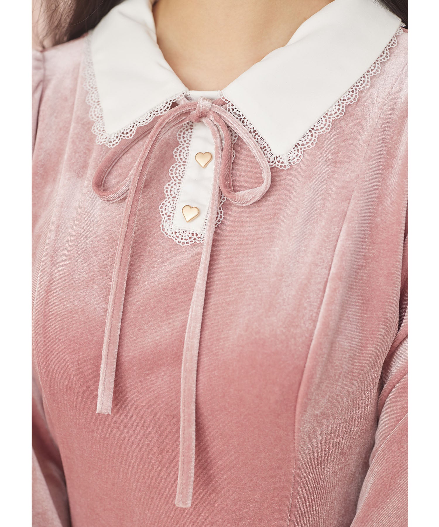 スユン Suyunn リボン付きハート飾り釦レース装飾ベロアワンピース ピンク