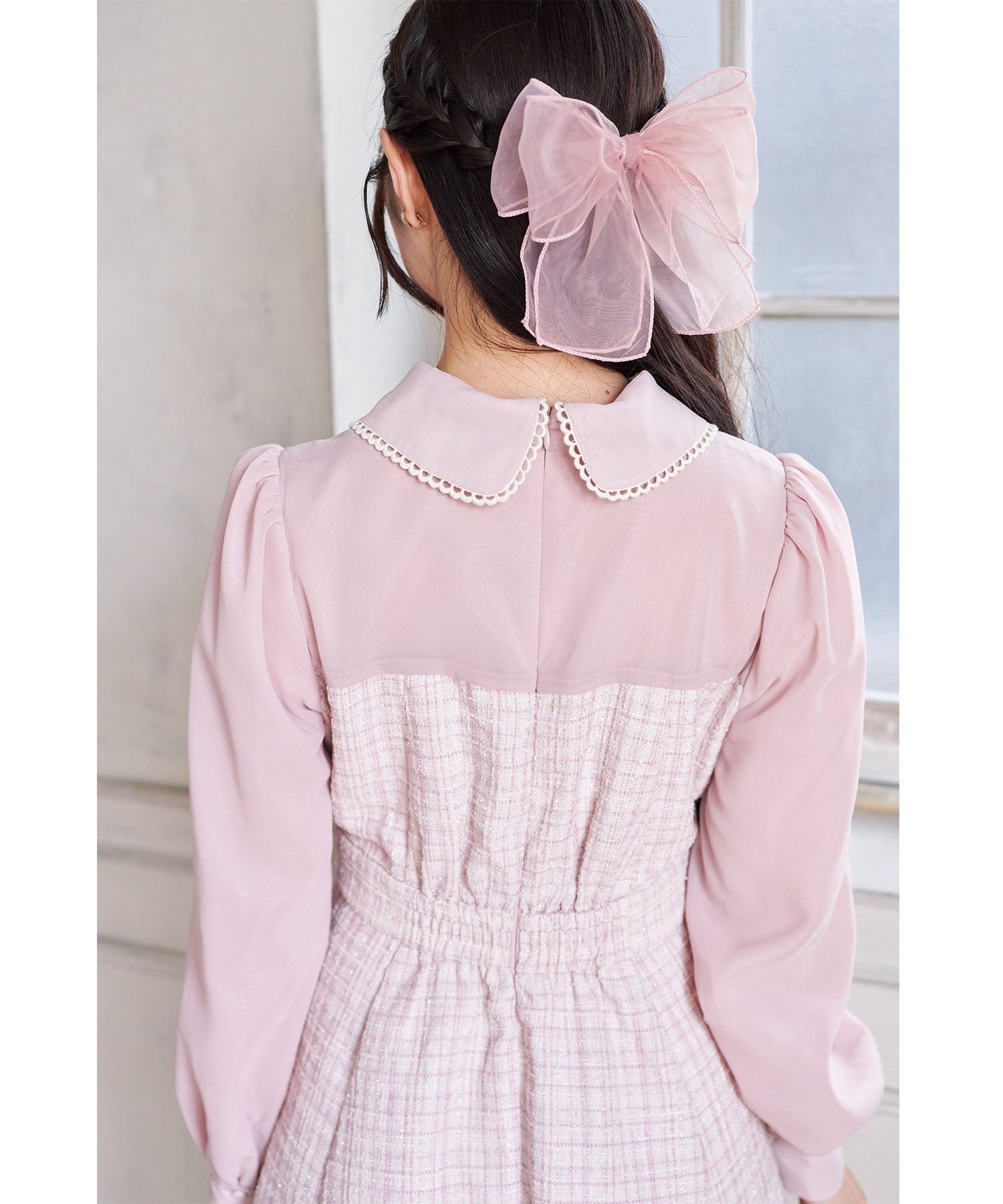 スユン Suyunn 2WAYリボン付きラメツイードドッキングワンピース ピンク