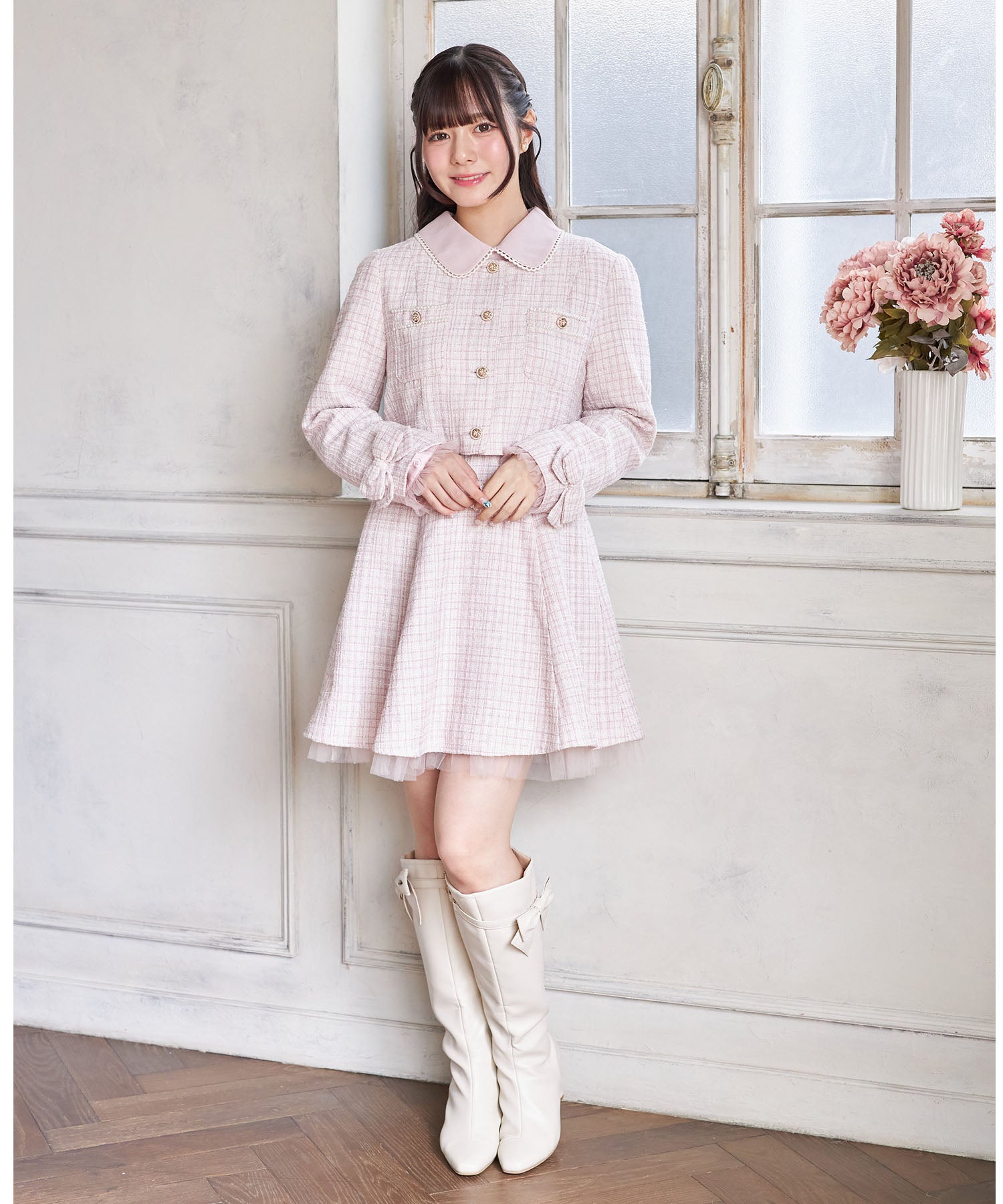 スユン Suyunn 2WAYリボン付きラメツイードドッキングワンピース ピンク