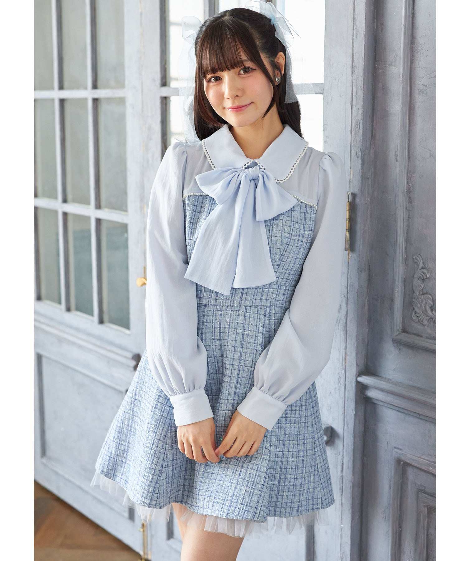 スユン Suyunn 2WAYリボン付きラメツイードドッキングワンピース ブルー