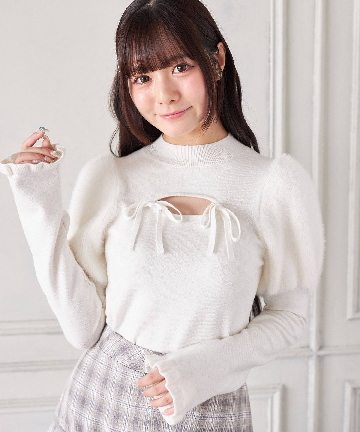 スユン Suyunn リボン付きパフスリーブラメシャギーニットプルオーバー ホワイト