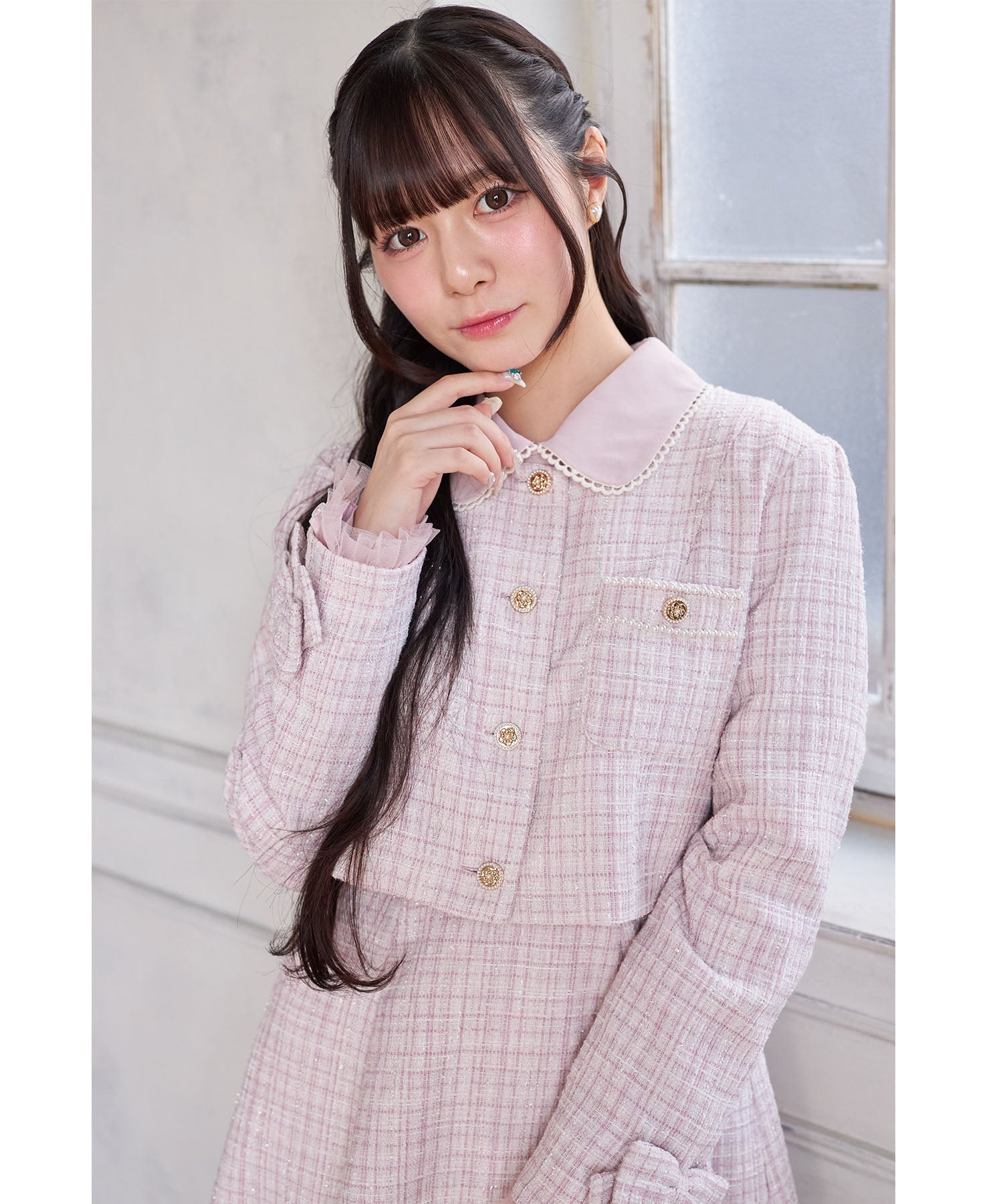 スユン Suyunn 袖口りぼん&チュールフリル付きラメツイードジャケット ピンク