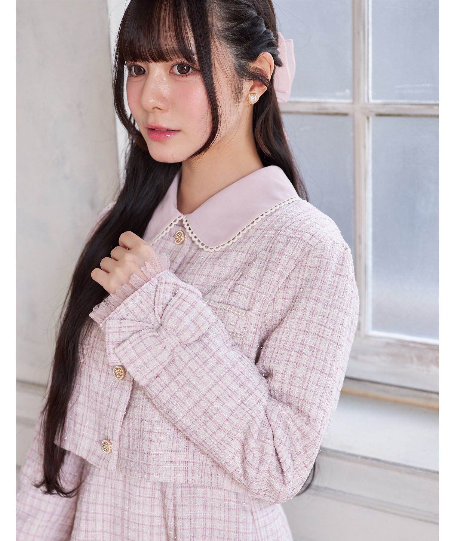 スユン Suyunn 袖口りぼん&チュールフリル付きラメツイードジャケット ピンク