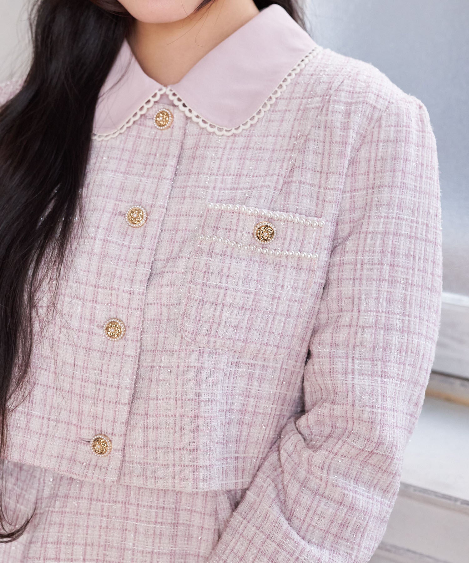 スユン Suyunn 袖口りぼん&チュールフリル付きラメツイードジャケット ピンク