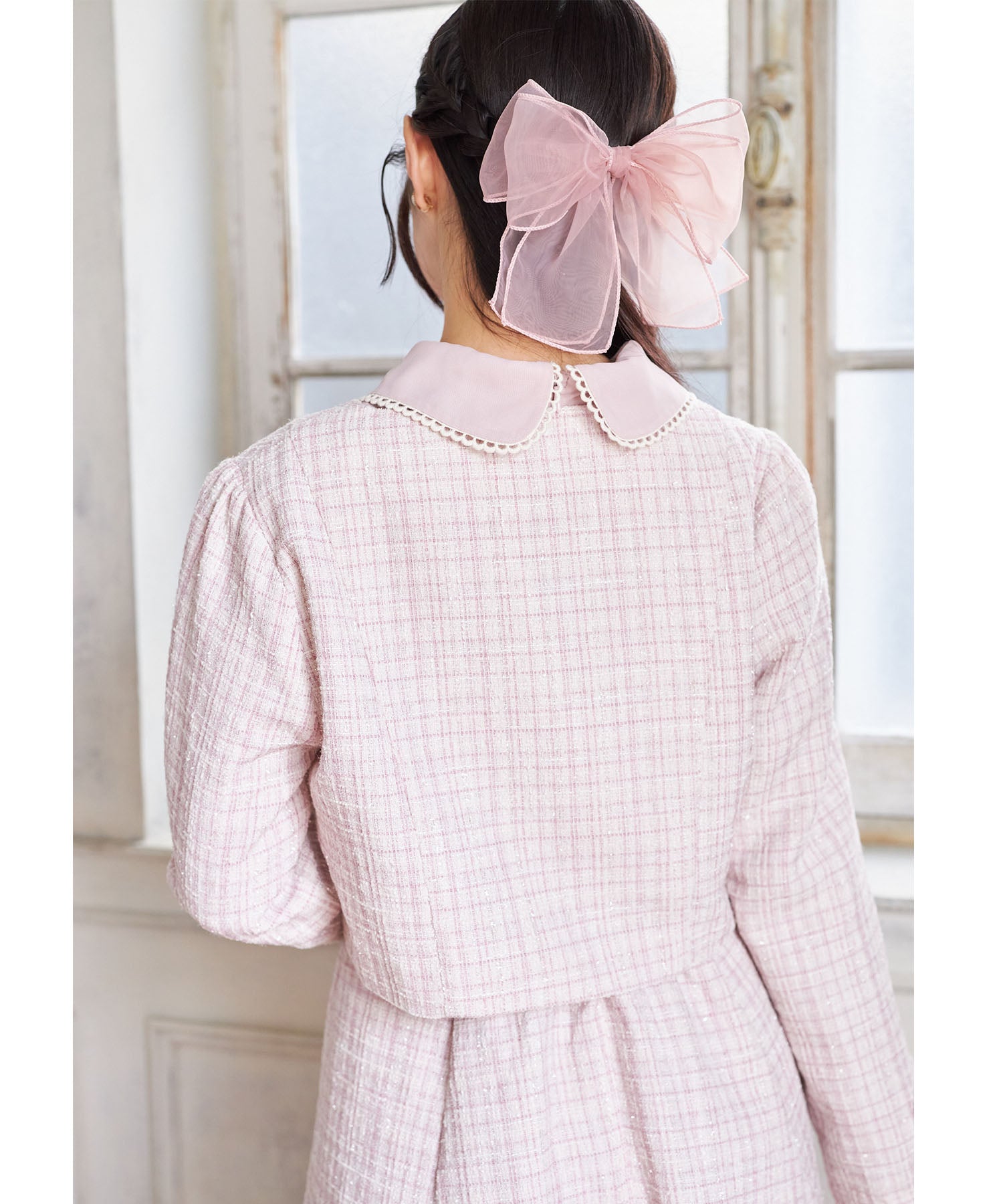 スユン Suyunn 袖口りぼん&チュールフリル付きラメツイードジャケット ピンク