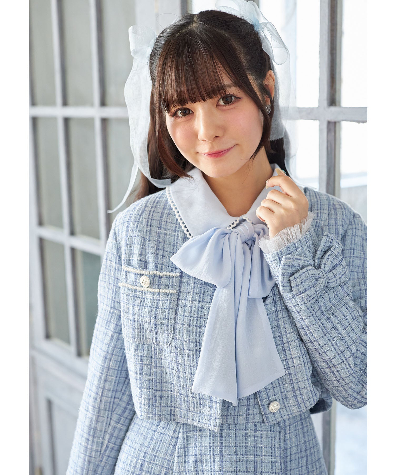 スユン Suyunn 袖口りぼん&チュールフリル付きラメツイードジャケット ブルー