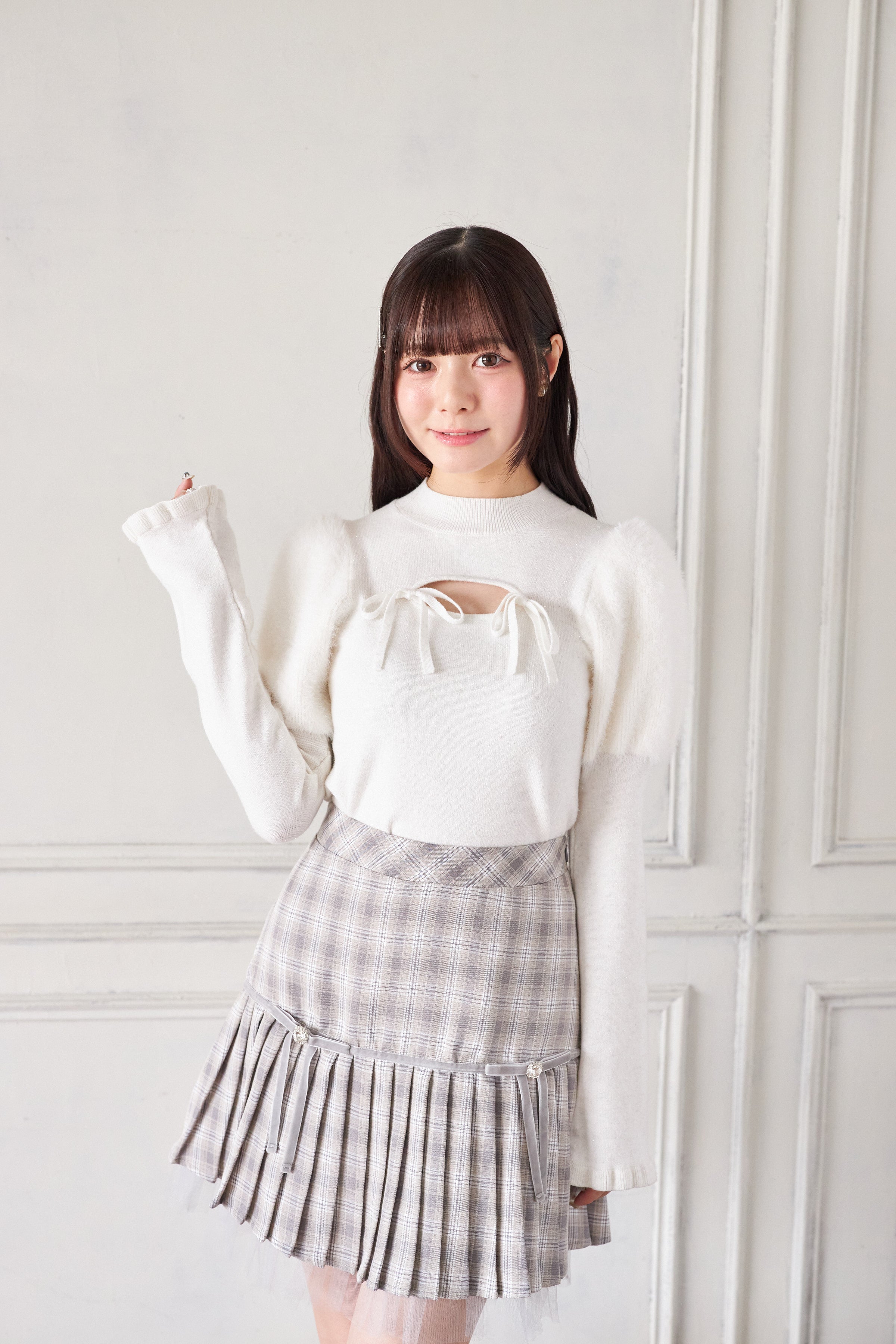 スユン Suyunn 裾チュール付きリボン切り替えチェックプリーツスカート グレー