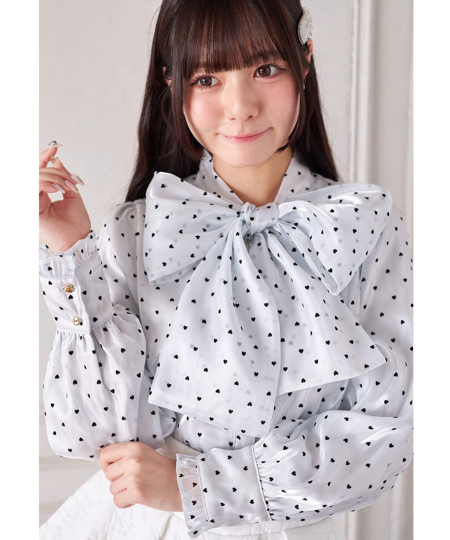 スユン Suyunn ハート釦ボウタイリボン付きハートフロッキーブラウス ブルー