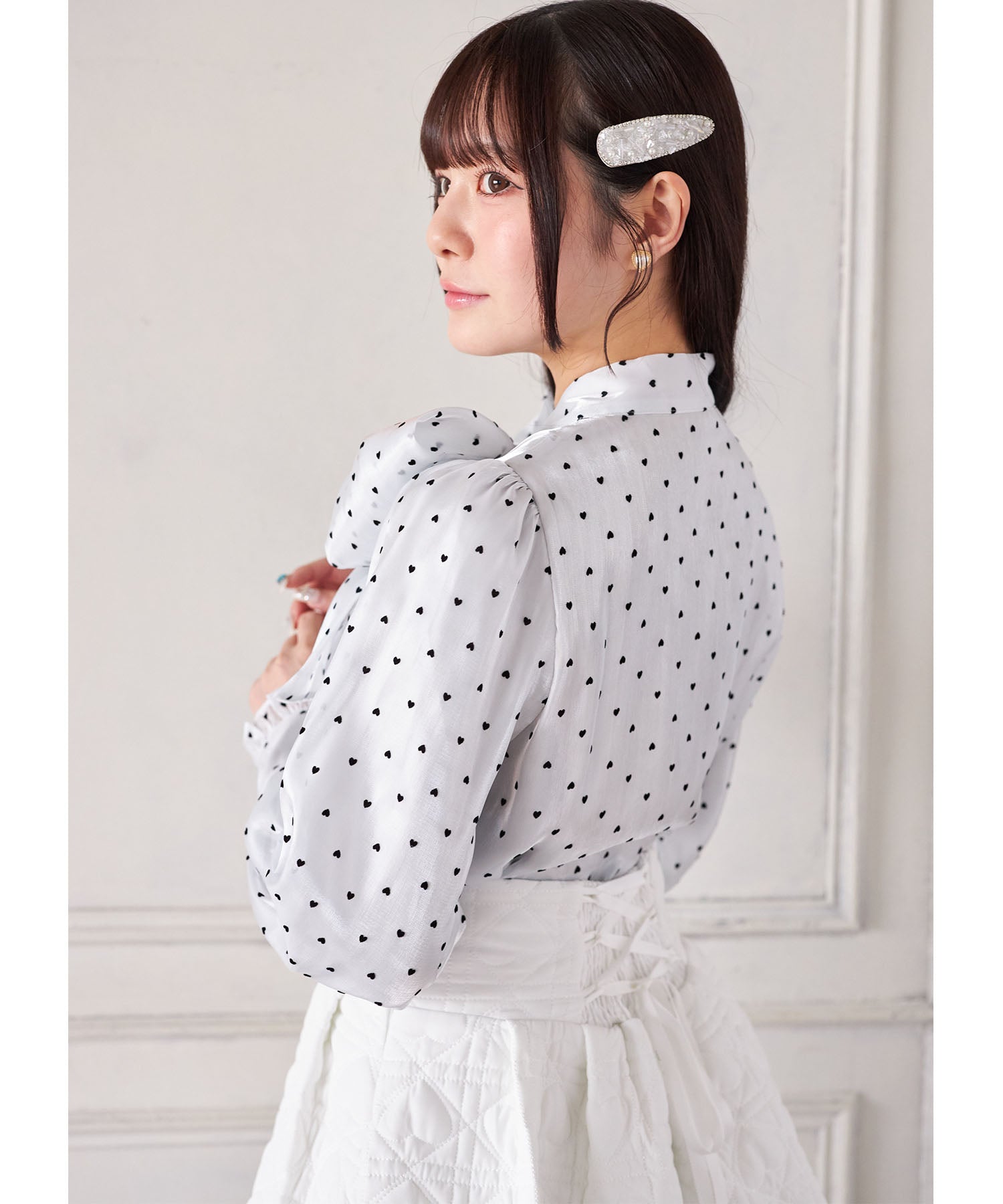 スユン Suyunn ハート釦ボウタイリボン付きハートフロッキーブラウス ブルー