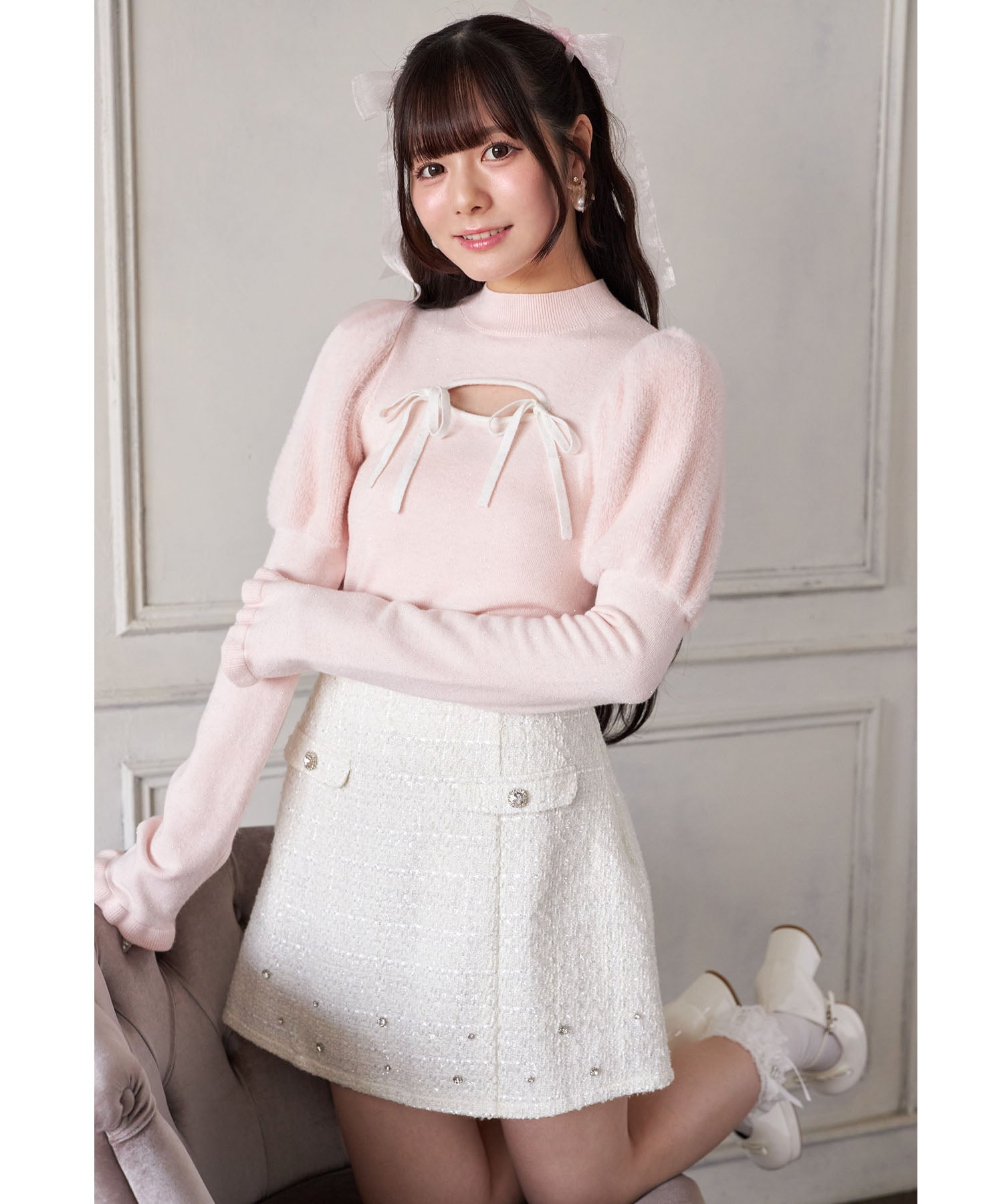 スユン Suyunn ビジュー付きラメツイードミニスカート ホワイト