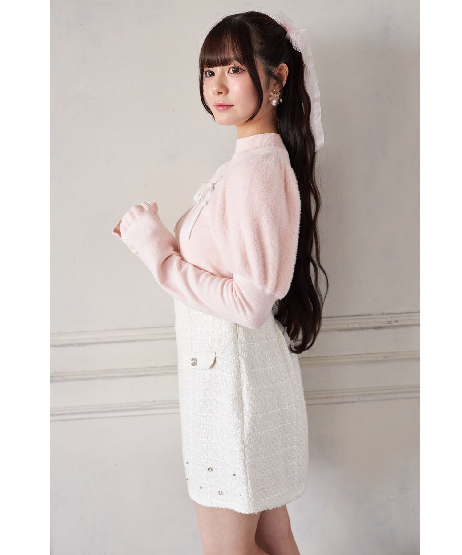 スユン Suyunn ビジュー付きラメツイードミニスカート ホワイト