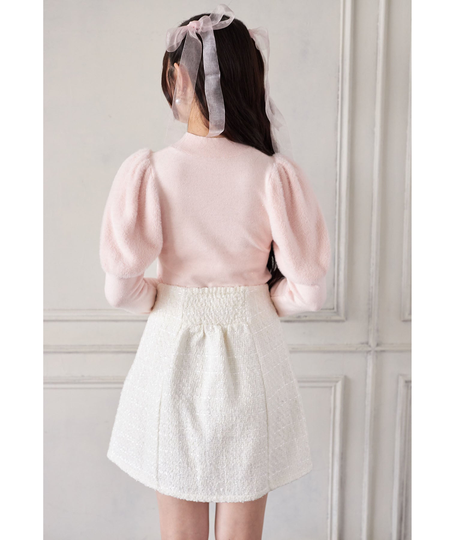 スユン Suyunn ビジュー付きラメツイードミニスカート ホワイト