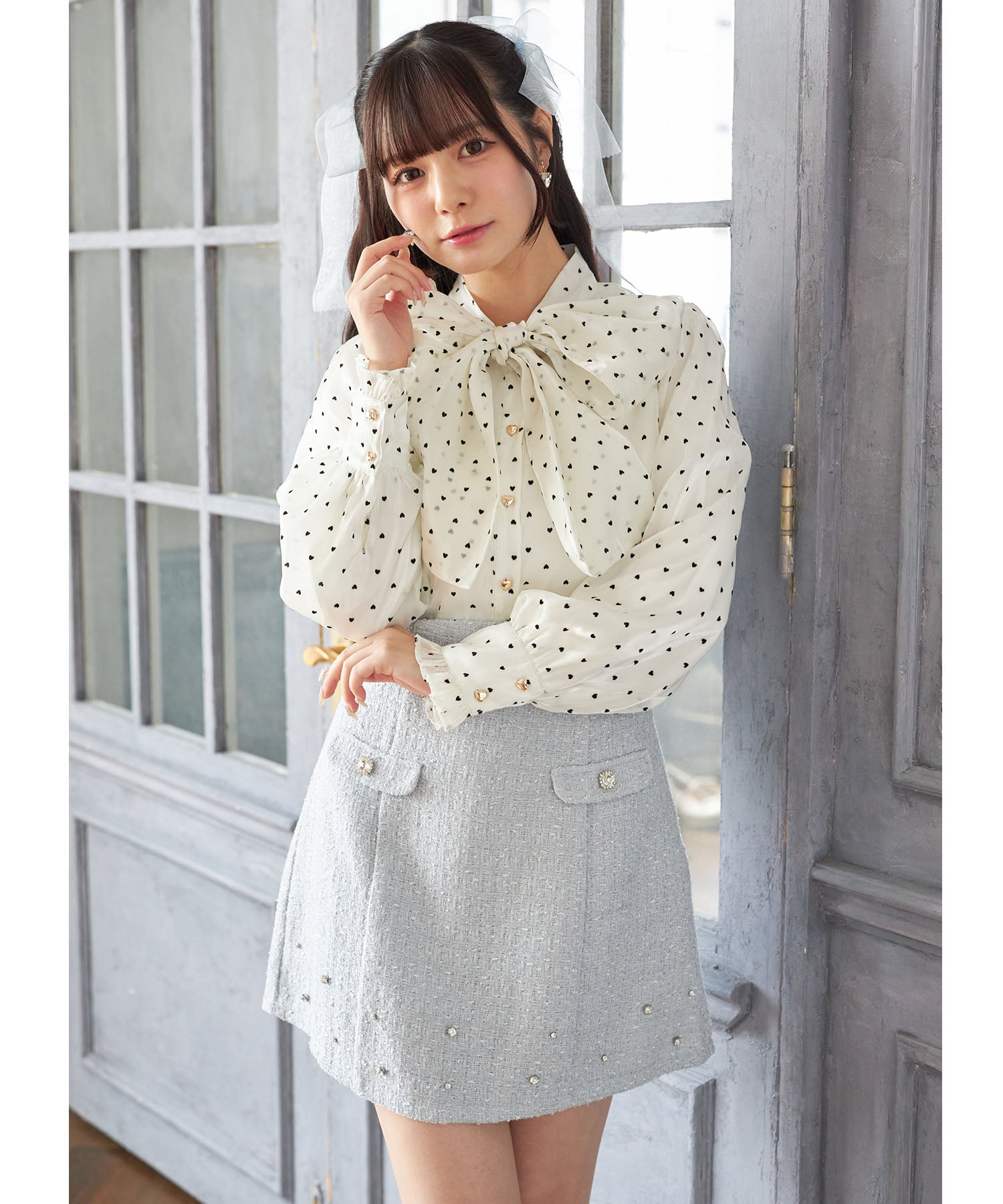 スユン Suyunn ビジュー付きラメツイードミニスカート ブルー