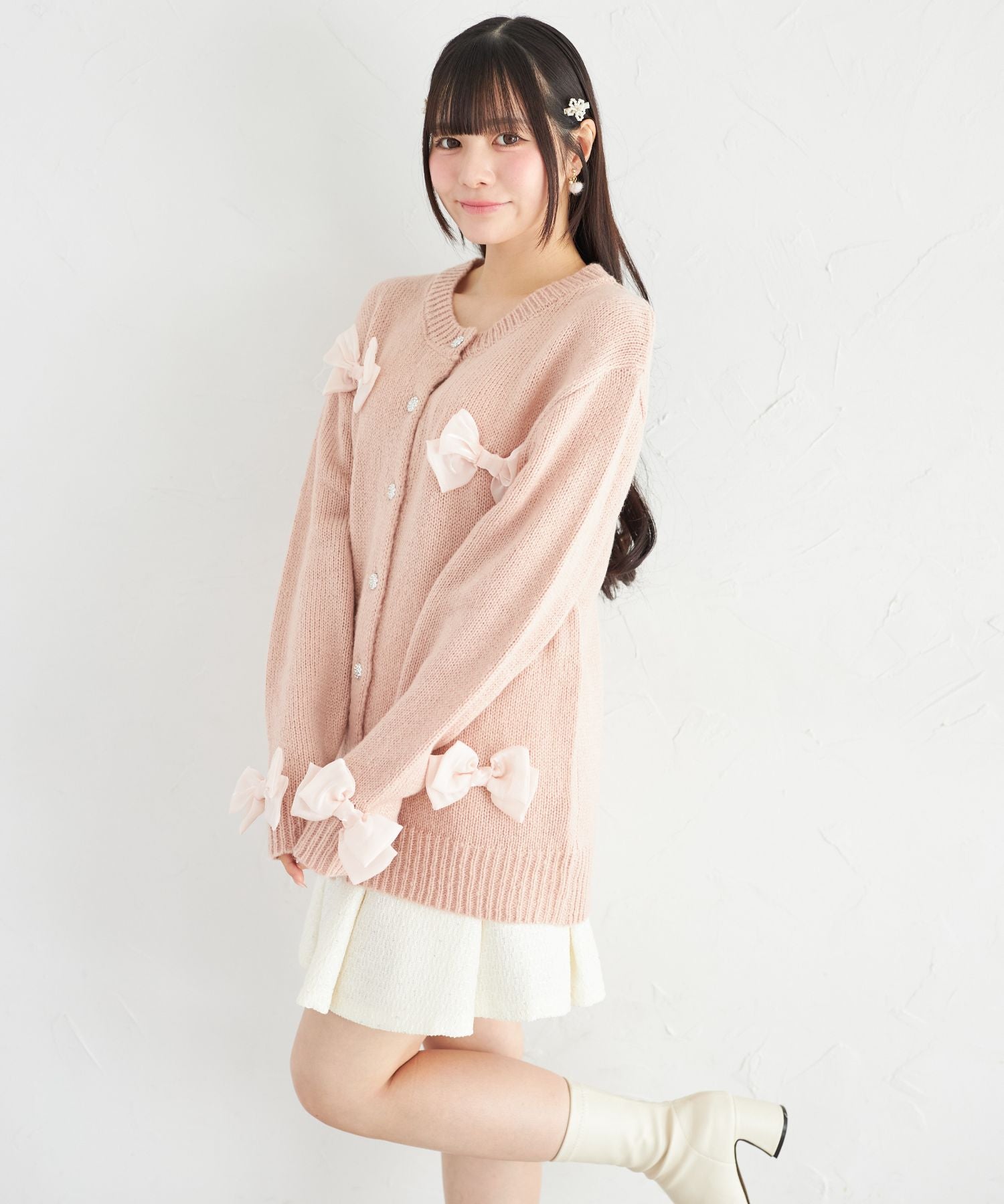 スユン Suyunn シフォンリボン付きビジュー釦ロングニットカーディガン ピンク