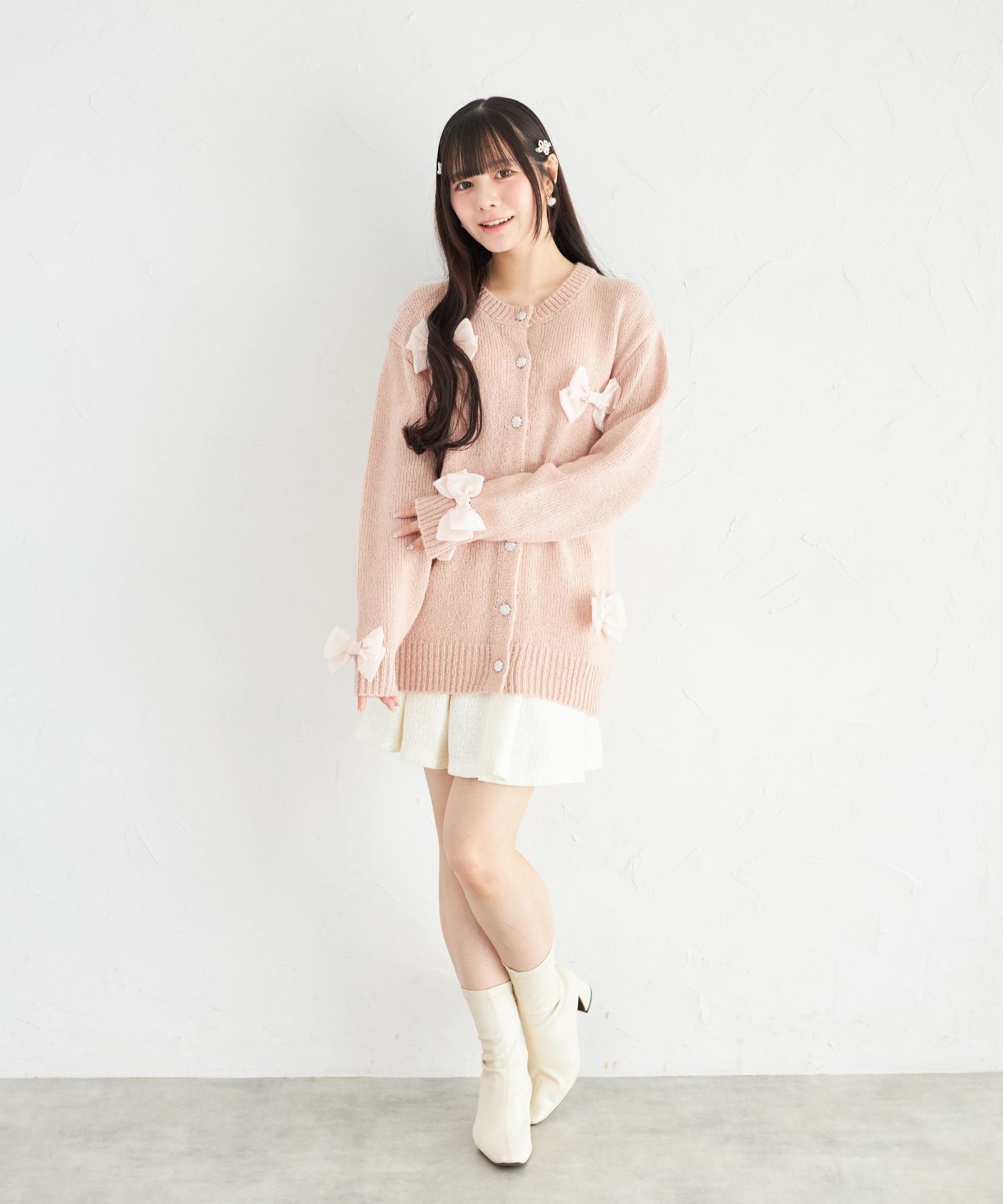 スユン Suyunn シフォンリボン付きビジュー釦ロングニットカーディガン ピンク