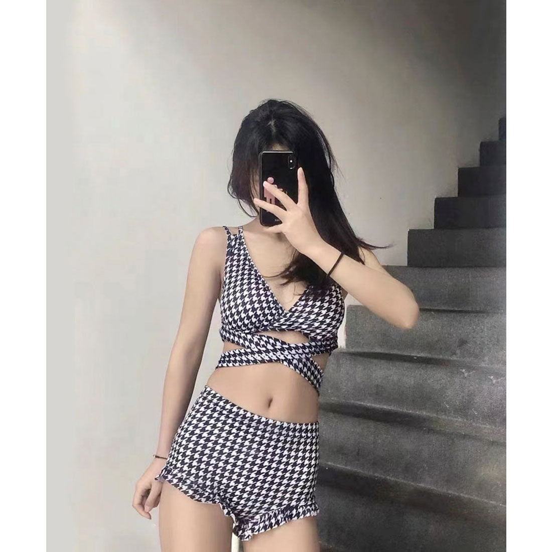 エスイーユー SEU チェック柄ハイウエストパンツビキニ セクシー リボン 韓国ファッション【返品不可商品】 (ブラック) ブラック