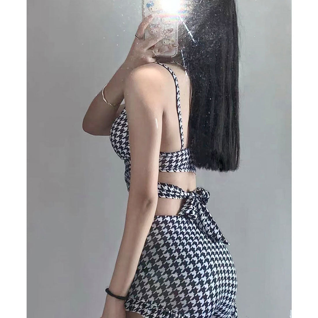 エスイーユー SEU チェック柄ハイウエストパンツビキニ セクシー リボン 韓国ファッション【返品不可商品】 (ブラック) ブラック
