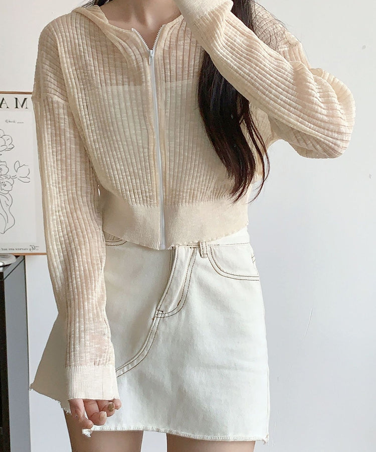 エスイーユー SEU クロップド丈サマーニットシアーフーディー (ベージュ) ベージュ