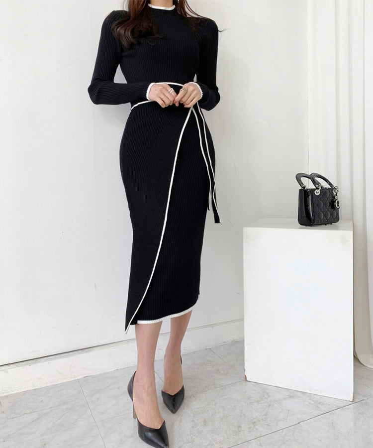 SEU Bicolor Piping Wrap Knit Dress Slim Fit Autumn/Winter Stylish Casual Korean Fashion SEU Bicolor Piping Wrap Knit Dress Slim Fit Autumn/Winter Stylish Casual Korean Fashion