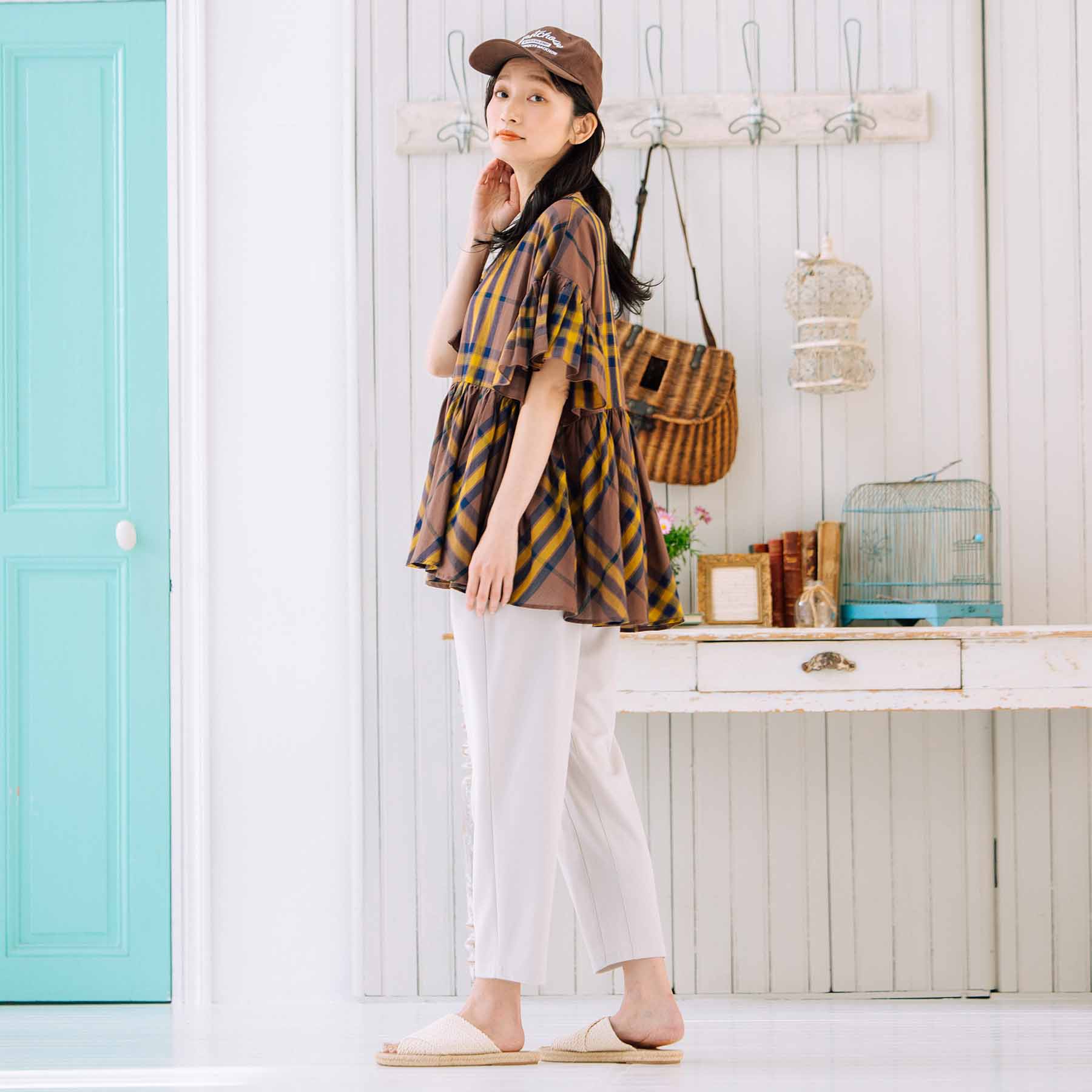 サブストリート マイスタンダード sabstreet my standard 【大きいサイズ】 9号・15号(M・3L) INDESIGN チェックフリルペプラムブラウス (ブルー) ブルー