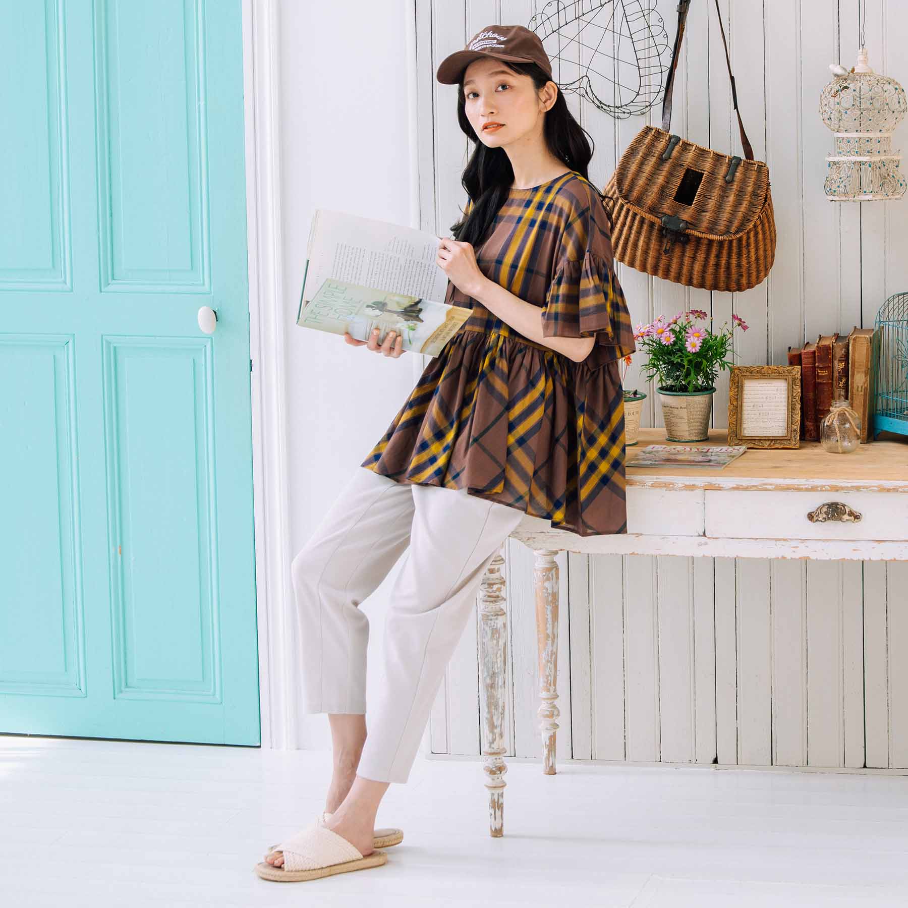 サブストリート マイスタンダード sabstreet my standard 【大きいサイズ】 9号・15号(M・3L) INDESIGN チェックフリルペプラムブラウス (ブルー) ブルー