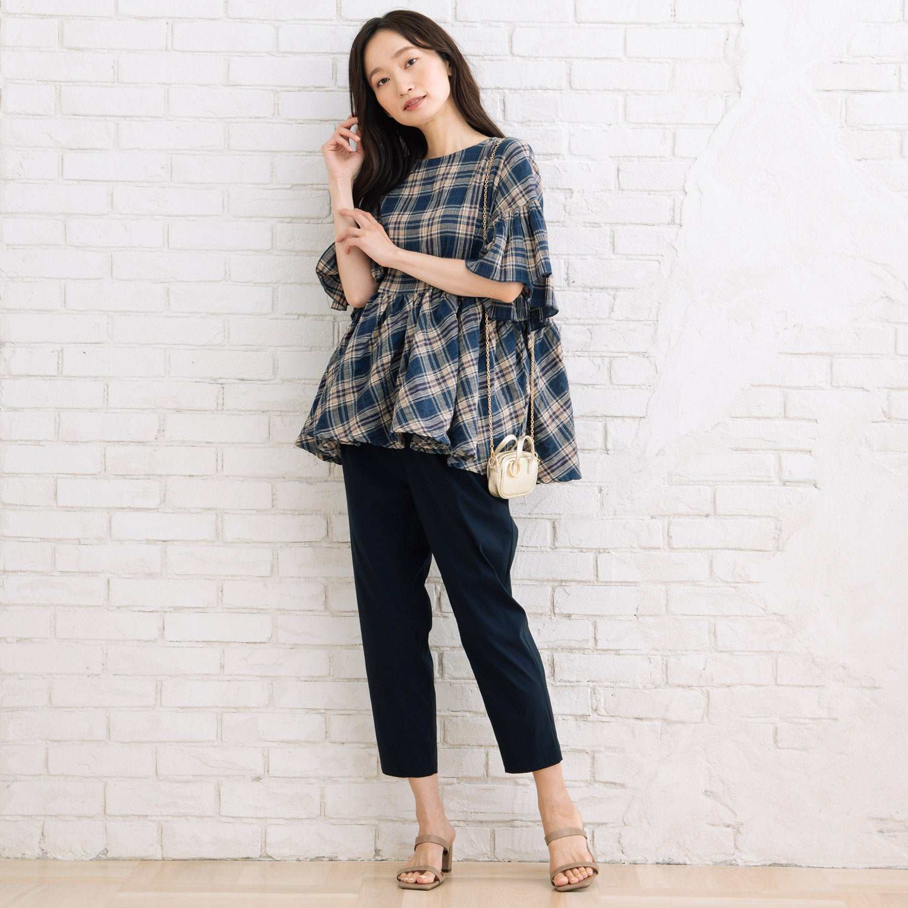 サブストリート マイスタンダード sabstreet my standard 【大きいサイズ】 9号・15号(M・3L) INDESIGN チェックフリルペプラムブラウス (ブルー) ブルー