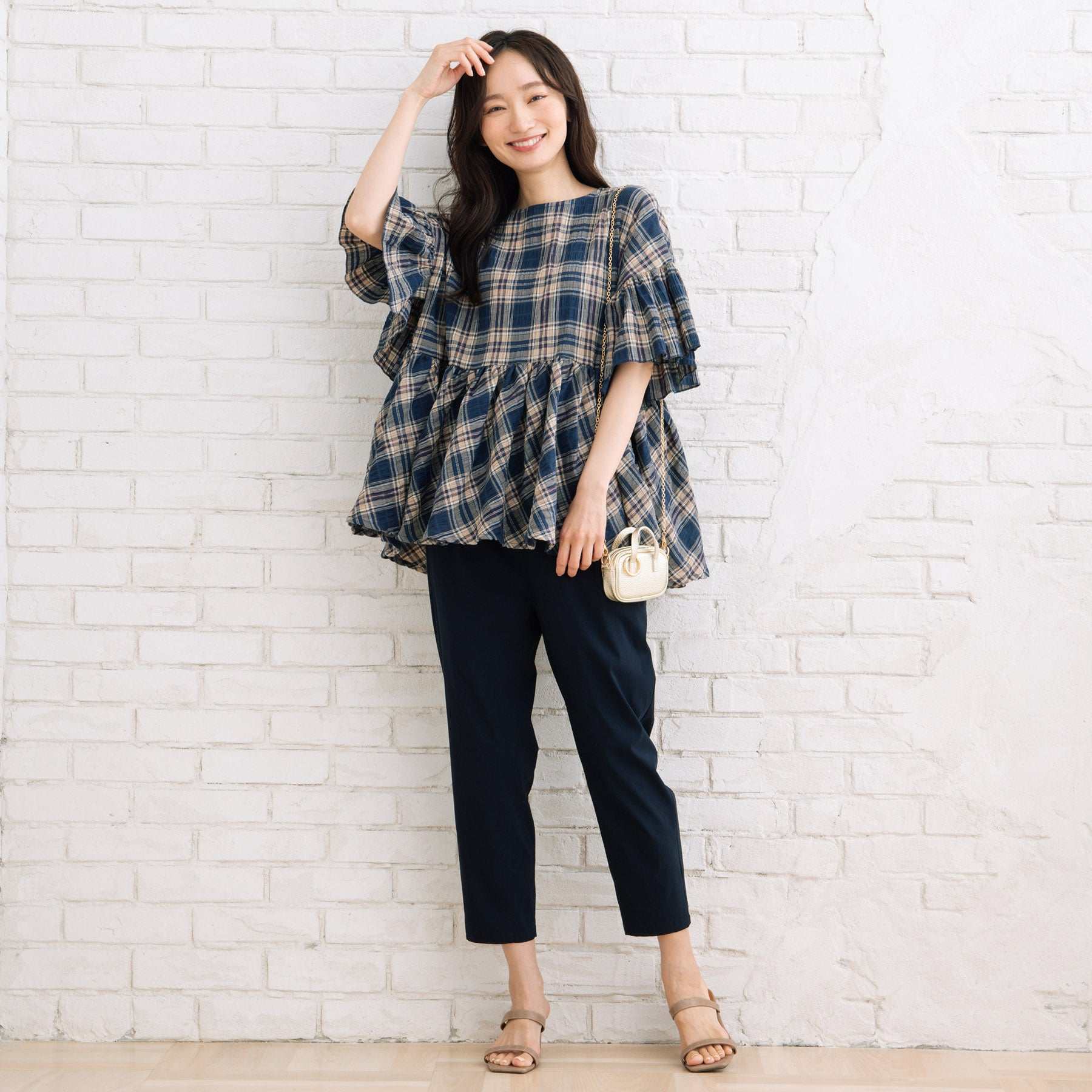 サブストリート マイスタンダード sabstreet my standard 【大きいサイズ】 9号・15号(M・3L) INDESIGN チェックフリルペプラムブラウス (ブルー) ブルー