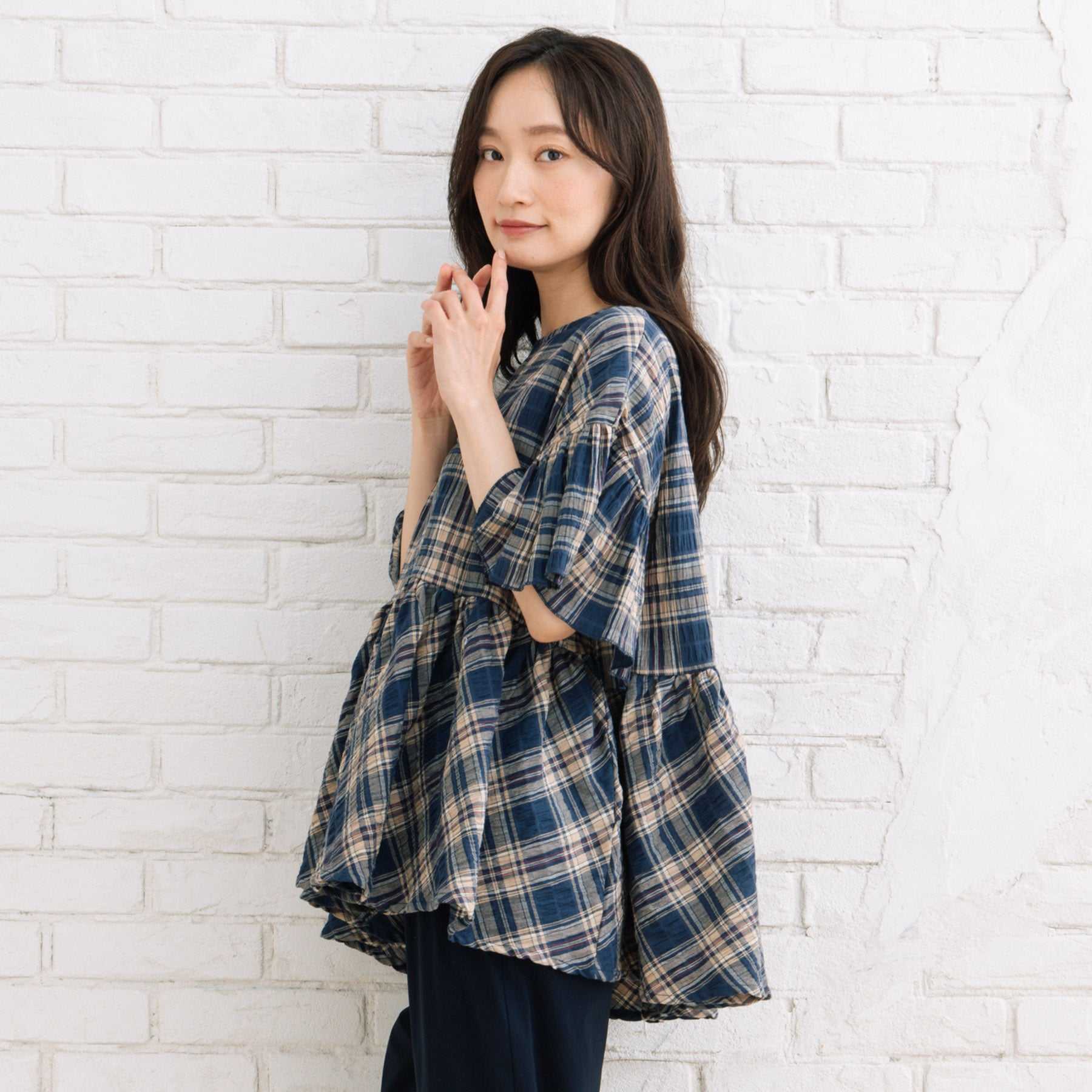 サブストリート マイスタンダード sabstreet my standard 【大きいサイズ】 9号・15号(M・3L) INDESIGN チェックフリルペプラムブラウス (ブルー) ブルー