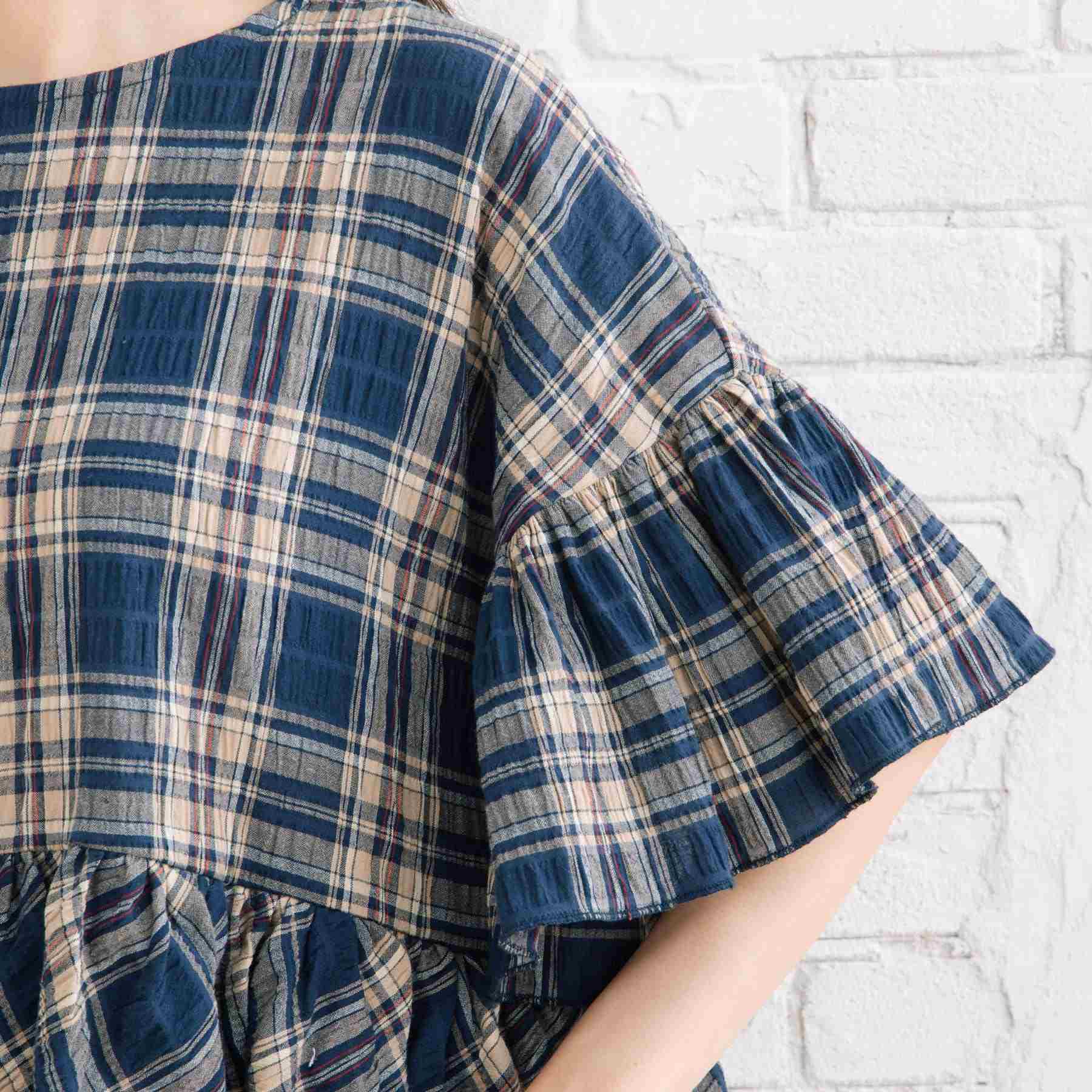 サブストリート マイスタンダード sabstreet my standard 【大きいサイズ】 9号・15号(M・3L) INDESIGN チェックフリルペプラムブラウス (ブルー) ブルー