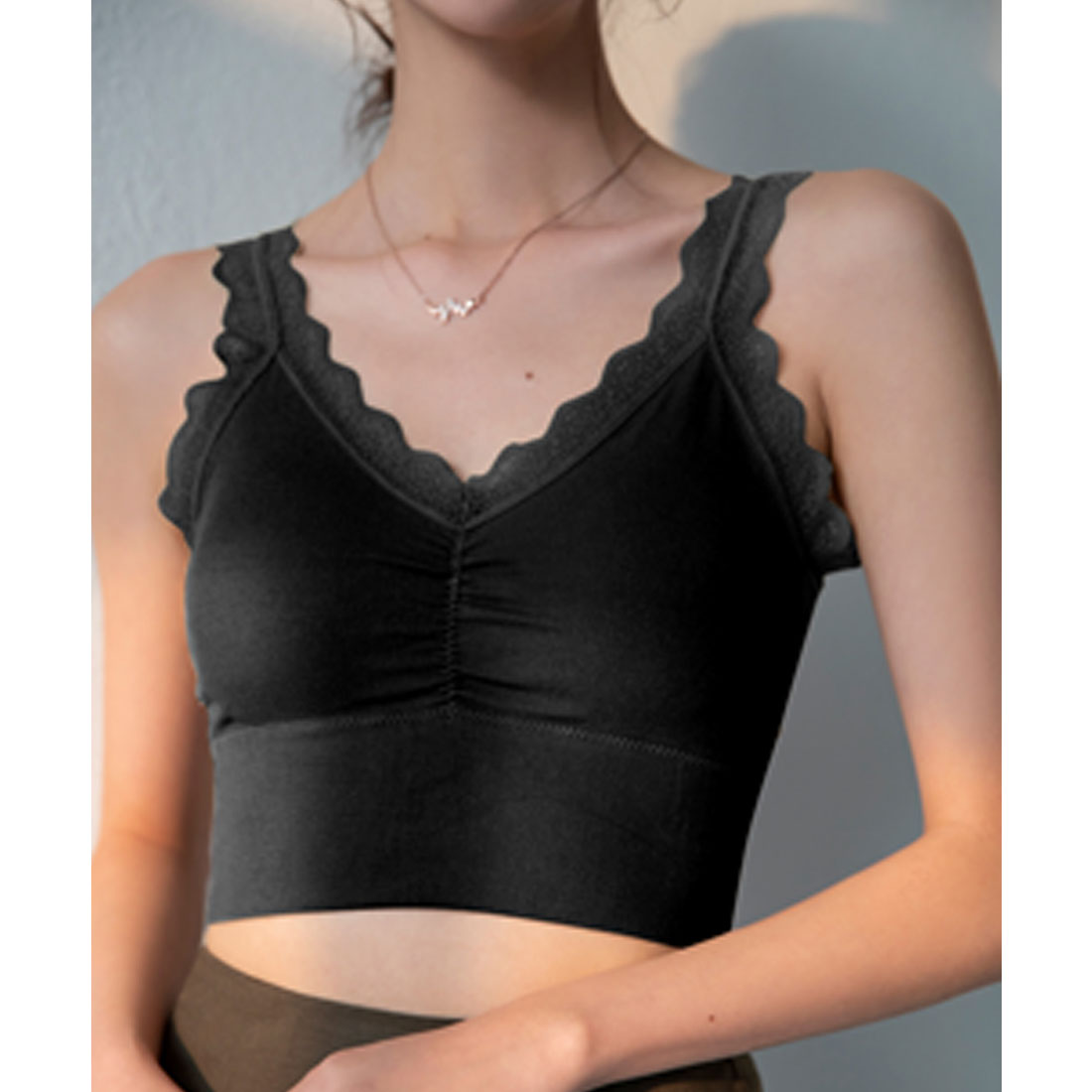 セゾンドパピヨン SAISON DE PAPILLON ミディ丈レースストラップブラトップ (ブラック) ブラック