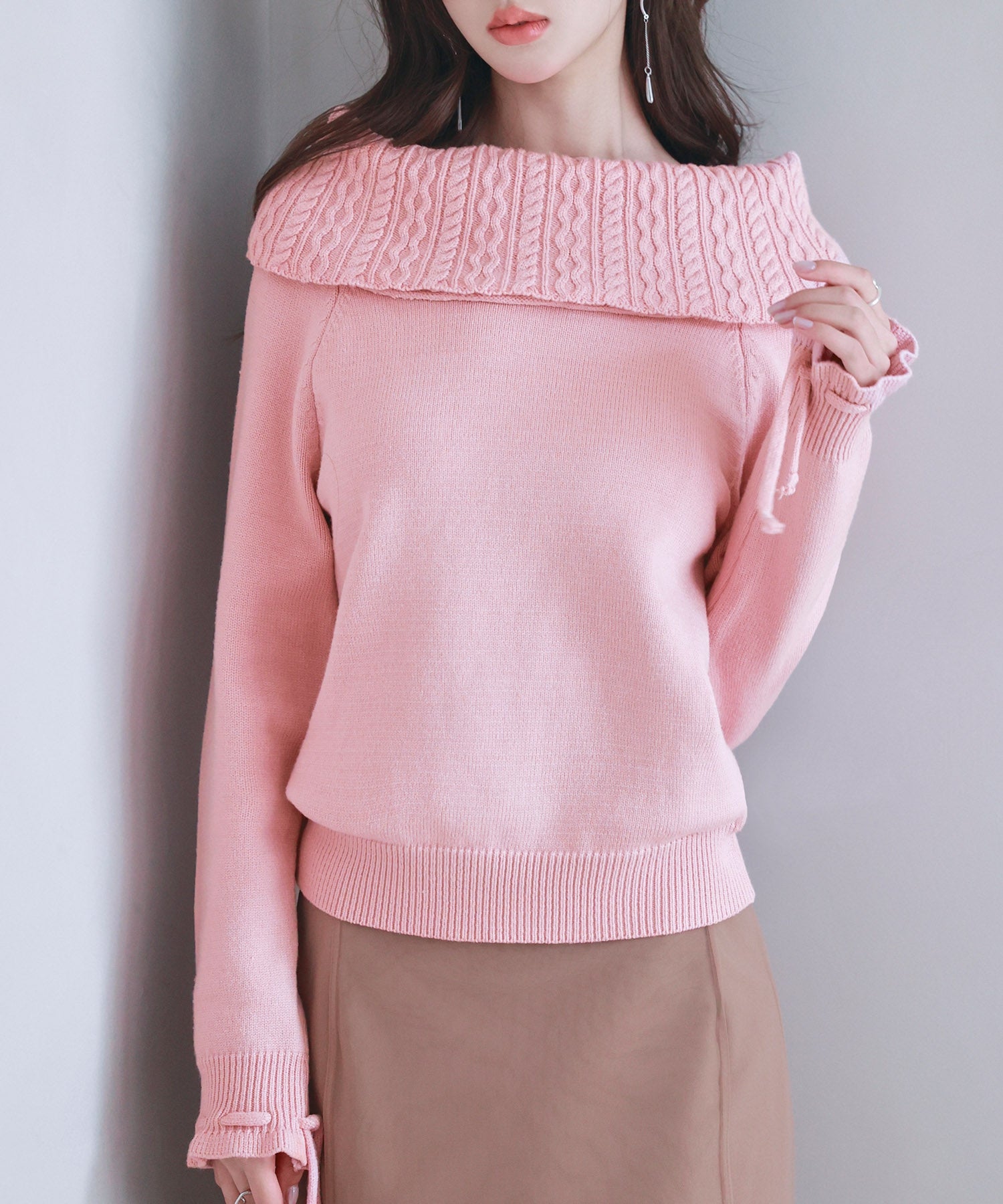 セゾンドパピヨン SAISON DE PAPILLON 2wayネックニットプルオーバー (ピンク) ピンク