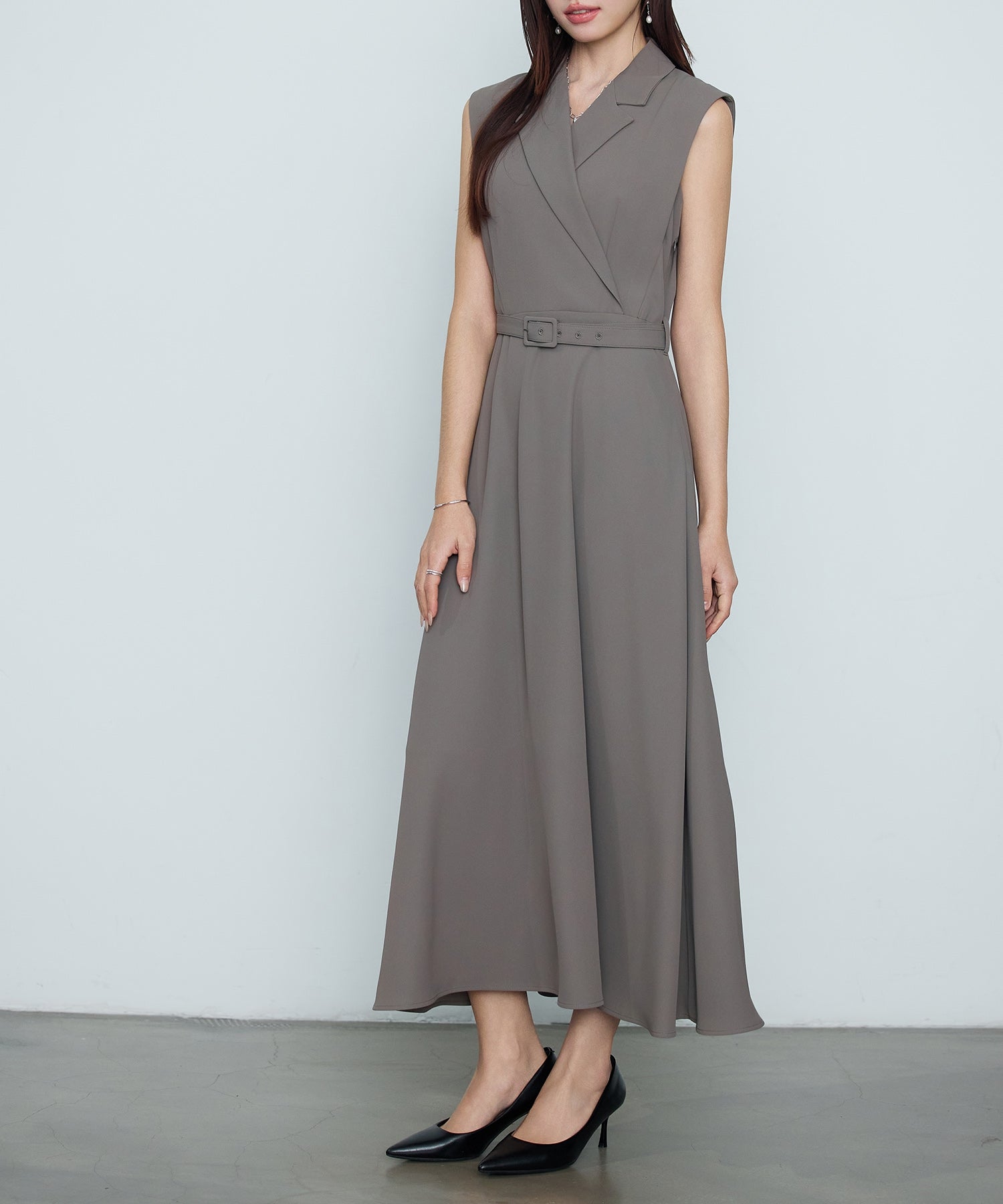 セゾンドパピヨン SAISON DE PAPILLON テーラードカラーベルト付きフレアワンピース (ブラウン) ブラウン