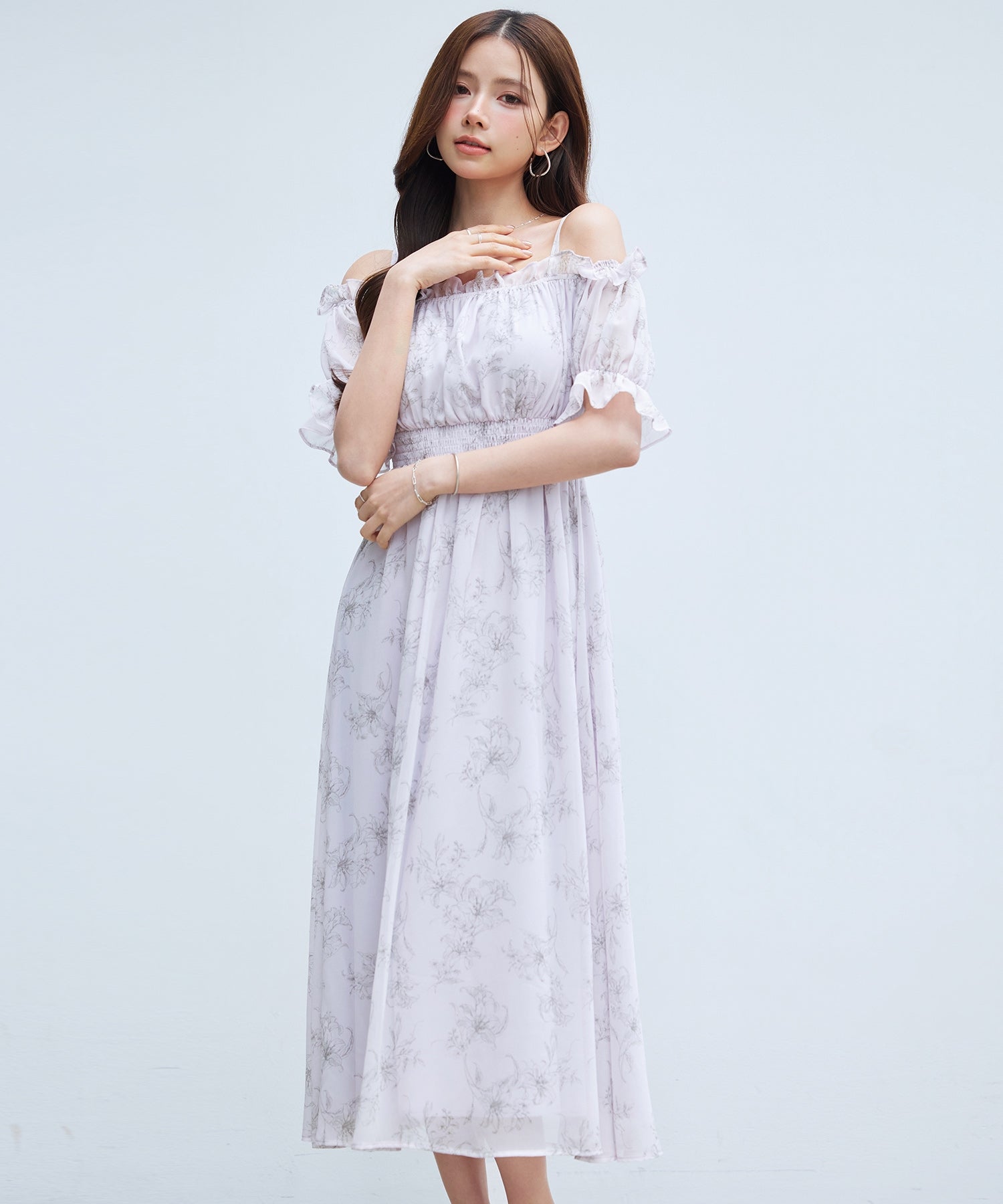 セゾンドパピヨン SAISON DE PAPILLON オフショルダー花柄シフォンワンピース (ラベンダー) ラベンダー