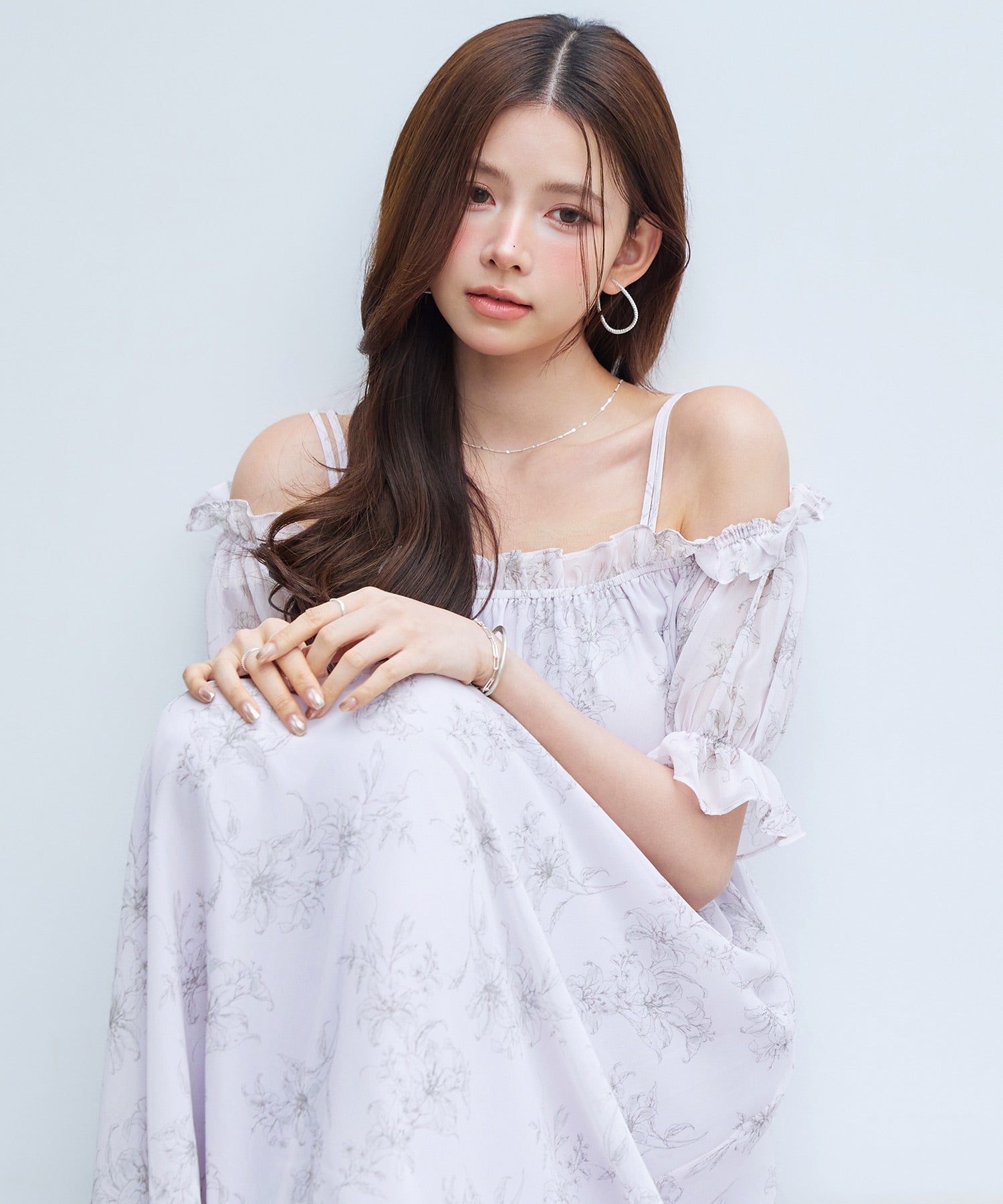 セゾンドパピヨン SAISON DE PAPILLON オフショルダー花柄シフォンワンピース (ラベンダー) ラベンダー