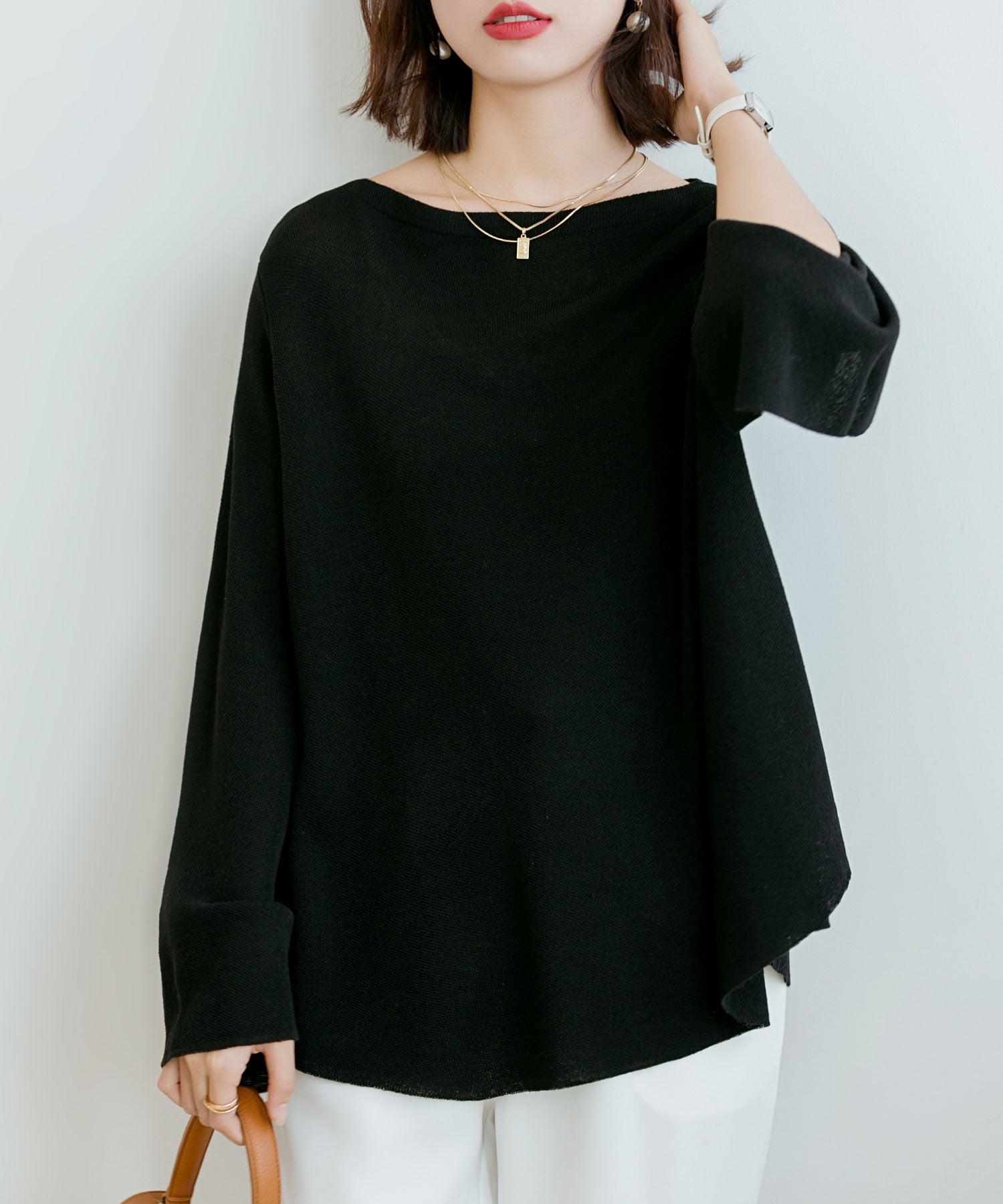 セゾンドパピヨン SAISON DE PAPILLON ビックシルエットフレアスリーブサマーニットプルオーバー (ブラック) ブラック