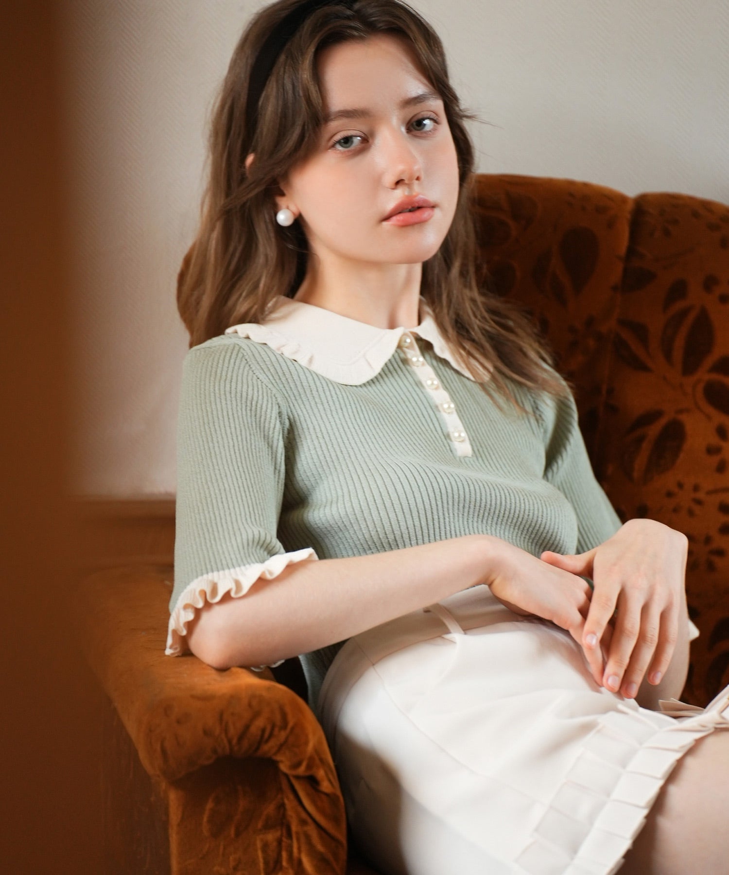 セゾンドパピヨン SAISON DE PAPILLON 七分袖配色リブニットプルオーバー (グリーン) グリーン