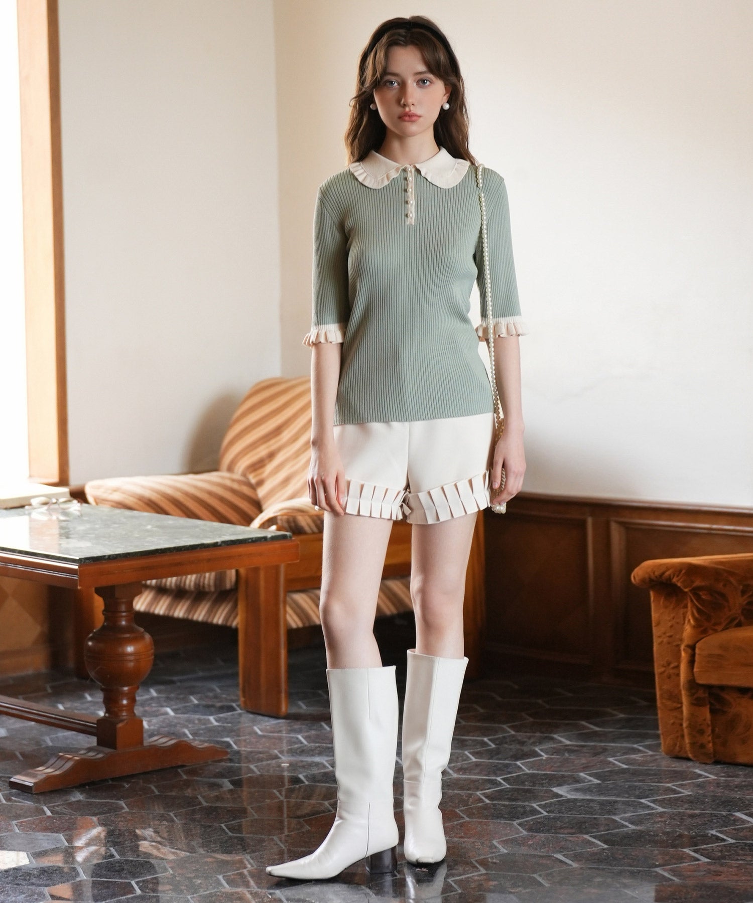 セゾンドパピヨン SAISON DE PAPILLON 七分袖配色リブニットプルオーバー (グリーン) グリーン