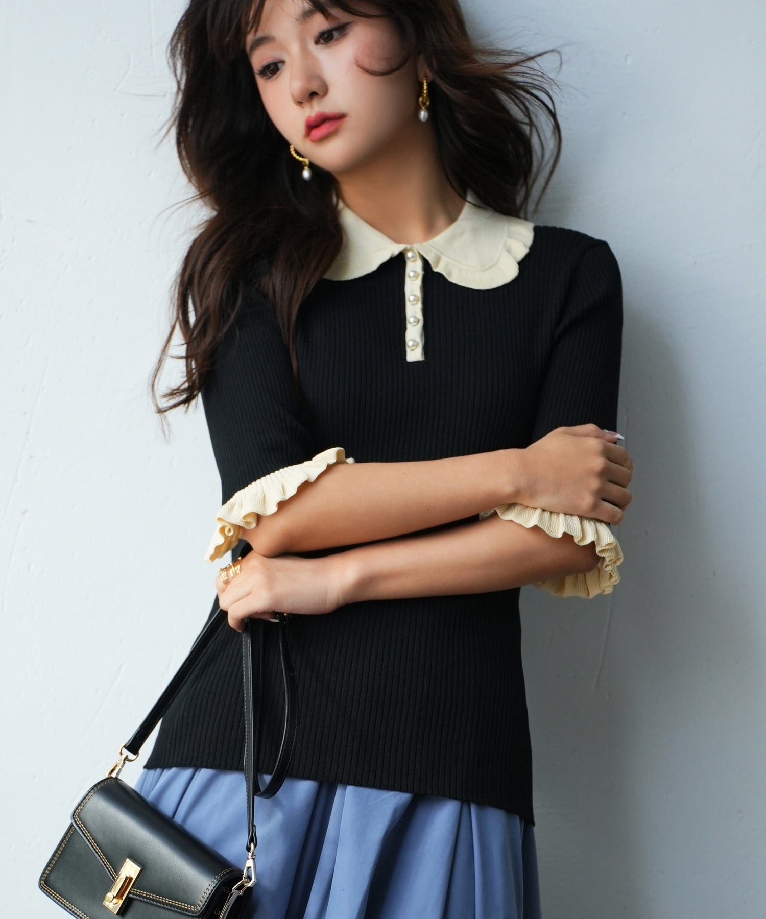 セゾンドパピヨン SAISON DE PAPILLON 七分袖配色リブニットプルオーバー (ブラック) ブラック