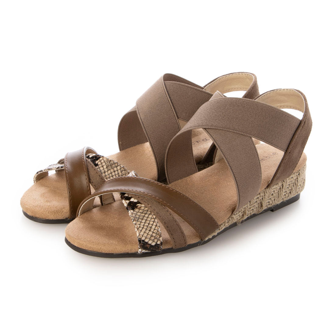 スクランブル Scramble 甲ゴムWクロスベルトローウェッジサンダル (オーク) オーク