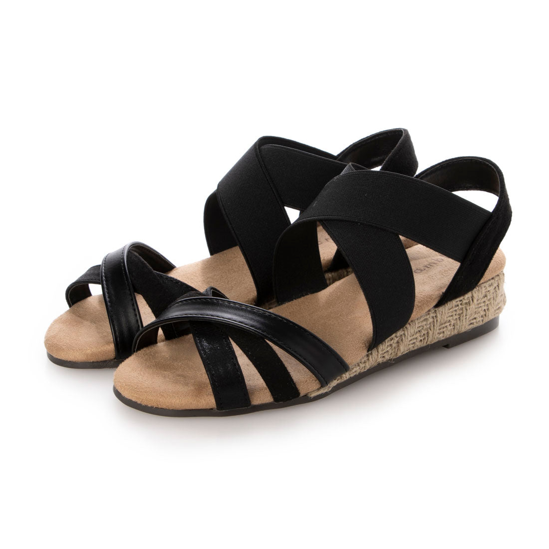 スクランブル Scramble 甲ゴムWクロスベルトローウェッジサンダル (ブラック) ブラック