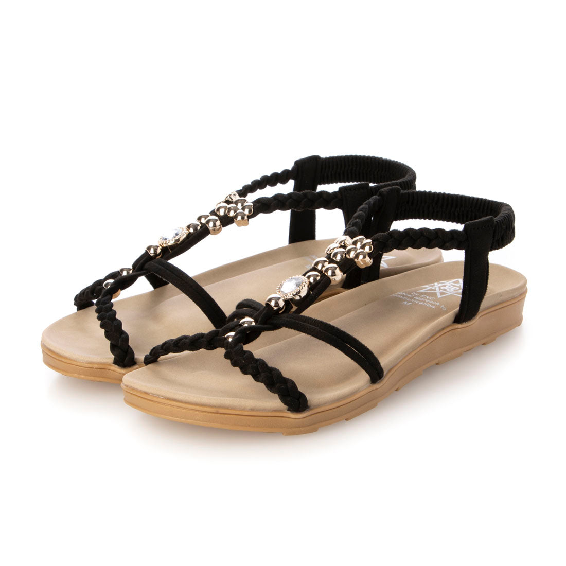 スクランブル Scramble 人気リゾートサンダル編み込みビジュー付きフラットサンダル ぺたんこ (ブラック) ブラック