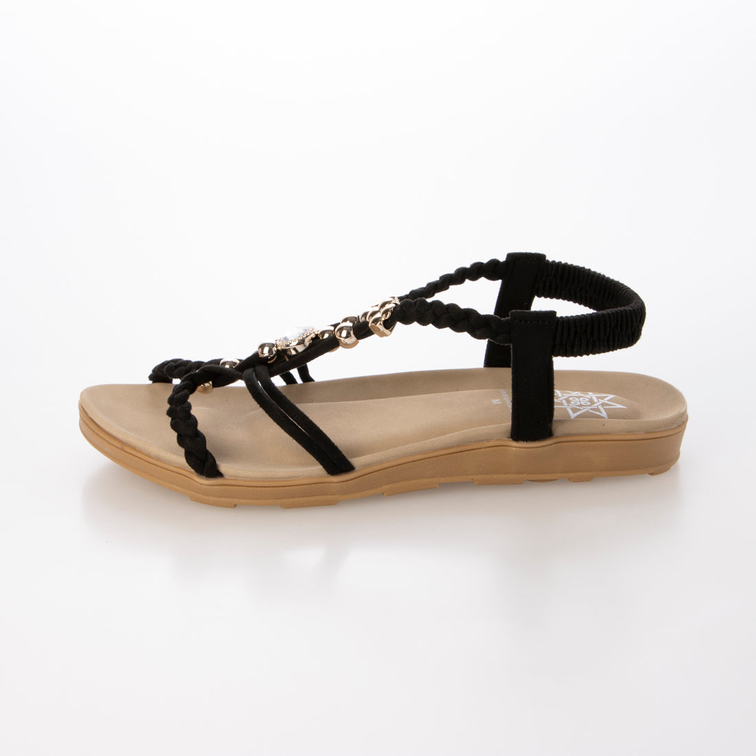 スクランブル Scramble 人気リゾートサンダル編み込みビジュー付きフラットサンダル ぺたんこ (ブラック) ブラック