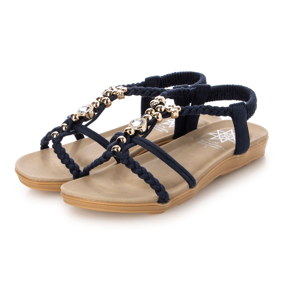 スクランブル Scramble 人気リゾートサンダル編み込みビジュー付きフラットサンダル ぺたんこ (ネイビー) ネイビー