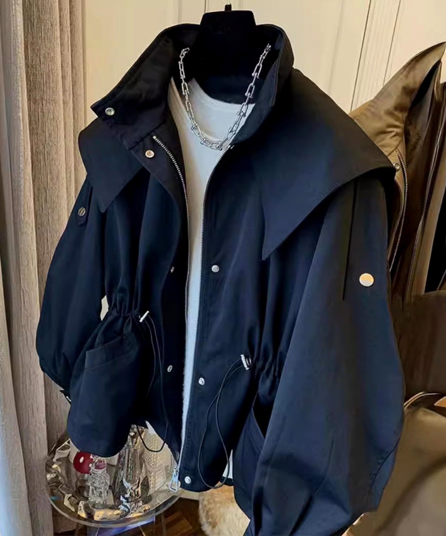 セットアップセブン SETUP7 クロップドギャザーフードジャケットKNF144 (ブラック) ブラック