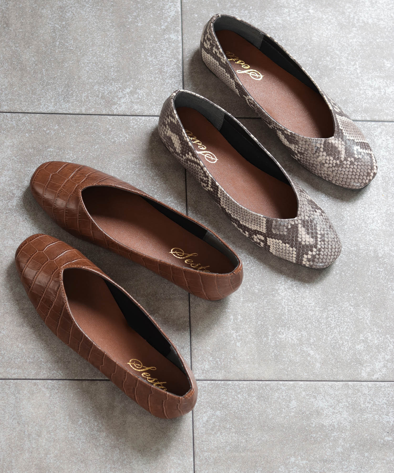 セスト SESTO スクエアトゥフラットシューズVカットバブーシュパンプス,ブラウンクロコ