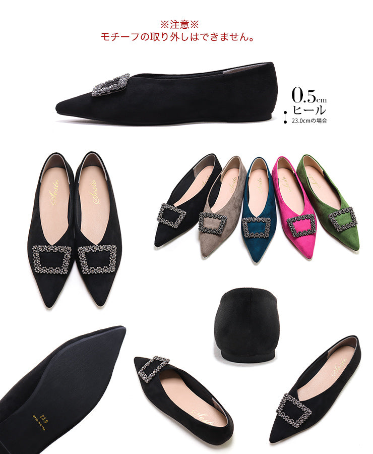 セスト SESTO ビジューモチーフVカットポインテッドトゥフラットパンプス